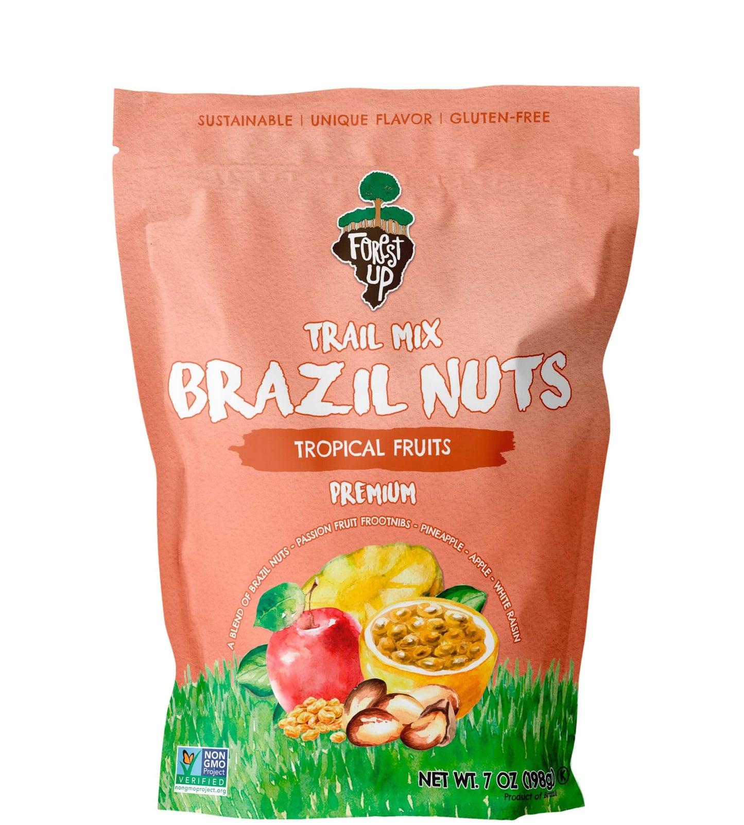 FOREST UP Snack Açaí Tropical Trail Mix 7oz - The True Organic Brazil Nuts Roasted + Dried Apple + White Raisins + Pineapple + Passion Fruit frootnibs