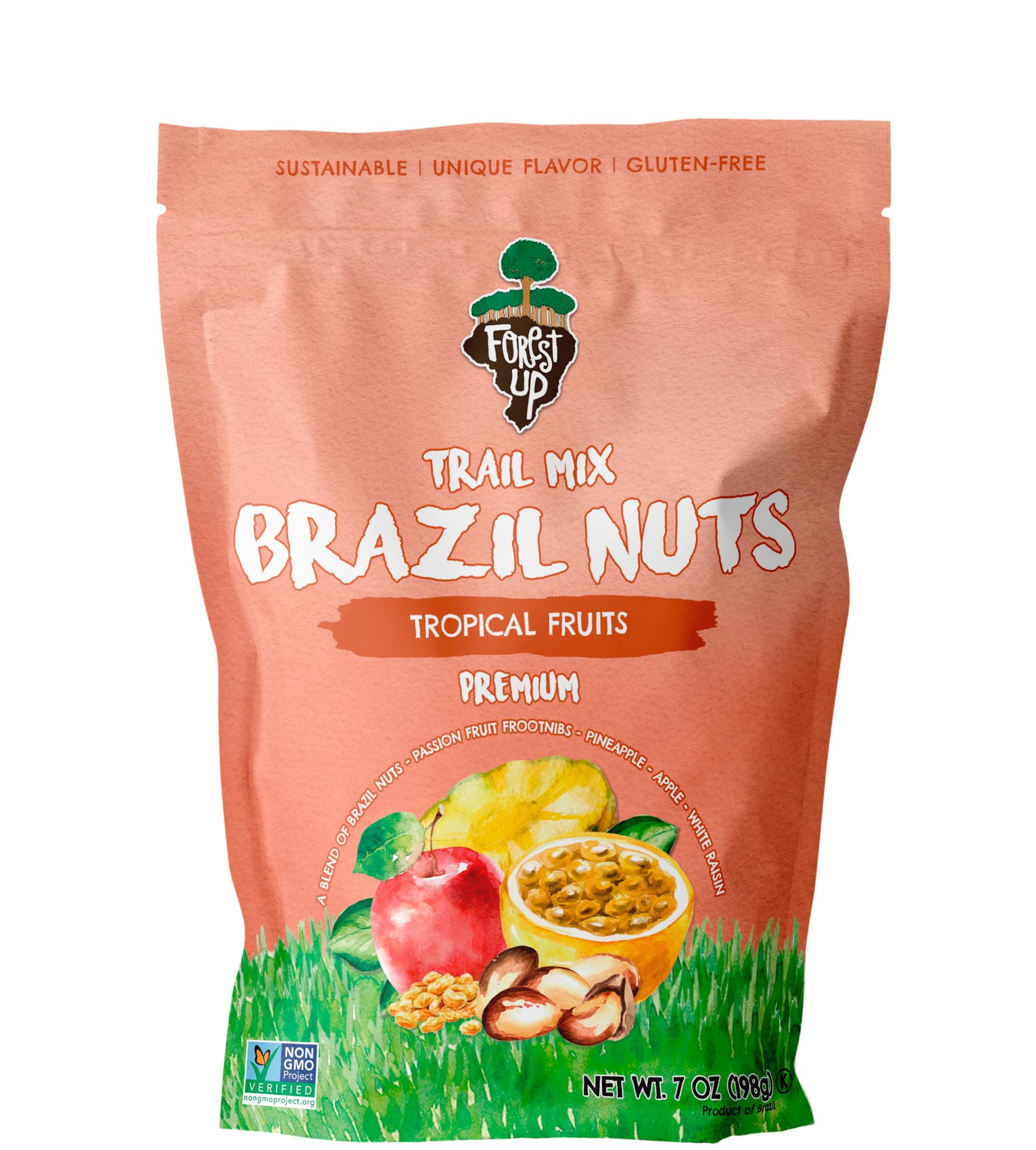 FOREST UP Snack Açaí Tropical Trail Mix 7oz - The True Organic Brazil Nuts Roasted + Dried Apple + White Raisins + Pineapple + Passion Fruit frootnibs