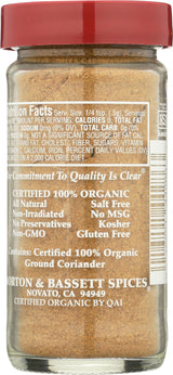 Morton & Bassett 100% Organic Ground Coriander | Warm, Citrusy Spice for Global Cooking | Gluten Free, Salt Free, Non-GMO | 1.6 oz Jar
