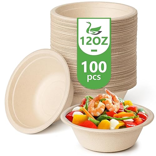 Green Swan Disposable Paper Bowls, 12 Oz [100 Pack] Large Bowl-100% Compostable, Biodegradable, Eco-Friendly Natural Colour Bowls - Convenient