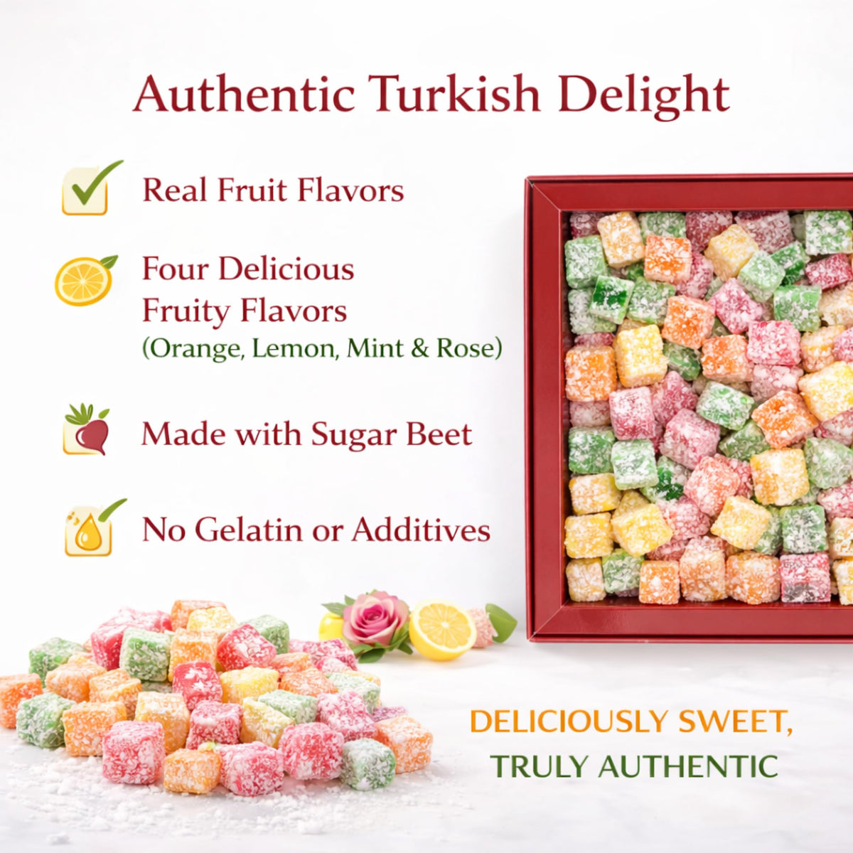 Assorted Turkish Delight (Small Cut/Ku? Lokumu) 400g - Fruit Flavored Lokum (Rose, Lemon, Orange, Mint) - Soft & Fresh, Coconut Coated, Traditional