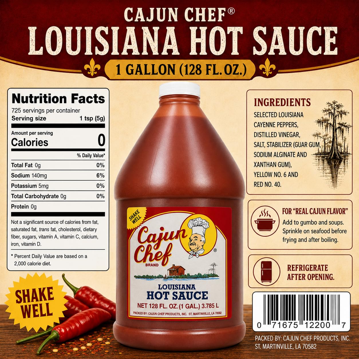 Cajun Chef Louisiana Hot Sauce 1 Gallon, 128 fl oz (Pack of 4) - Cajun Cayenne Pepper Sauce, Mild Heat Hot Sauce for Gumbo, Seafood, Soups, Wings