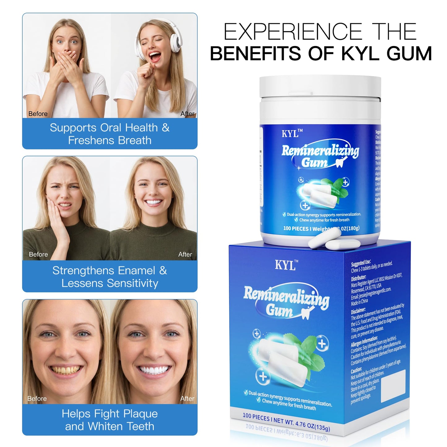 KYL Remineralizing Xylitol Gum for Dry Mouth, Chewing Gum for Dry Mouth, Teeth Strengthening and Long-Lasting Freshness, for Fresh Breath at Dinner