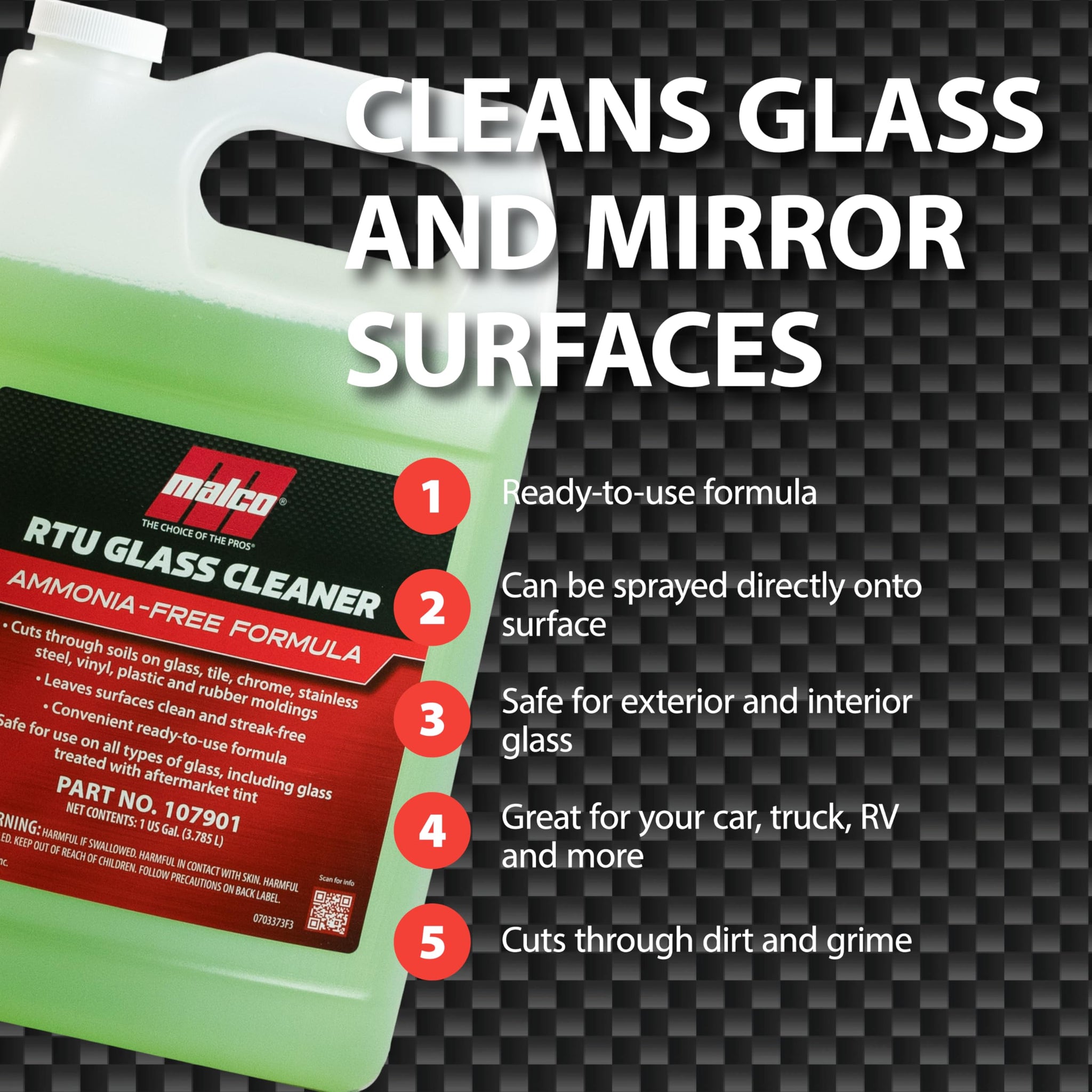 Malco Ready-To-Use Glass Cleaner - Streak-Free Removal of Dirt, Grease, Oils, & Bug Debris from Glass, Chrome, Tile, Stainless Steel, Vinyl