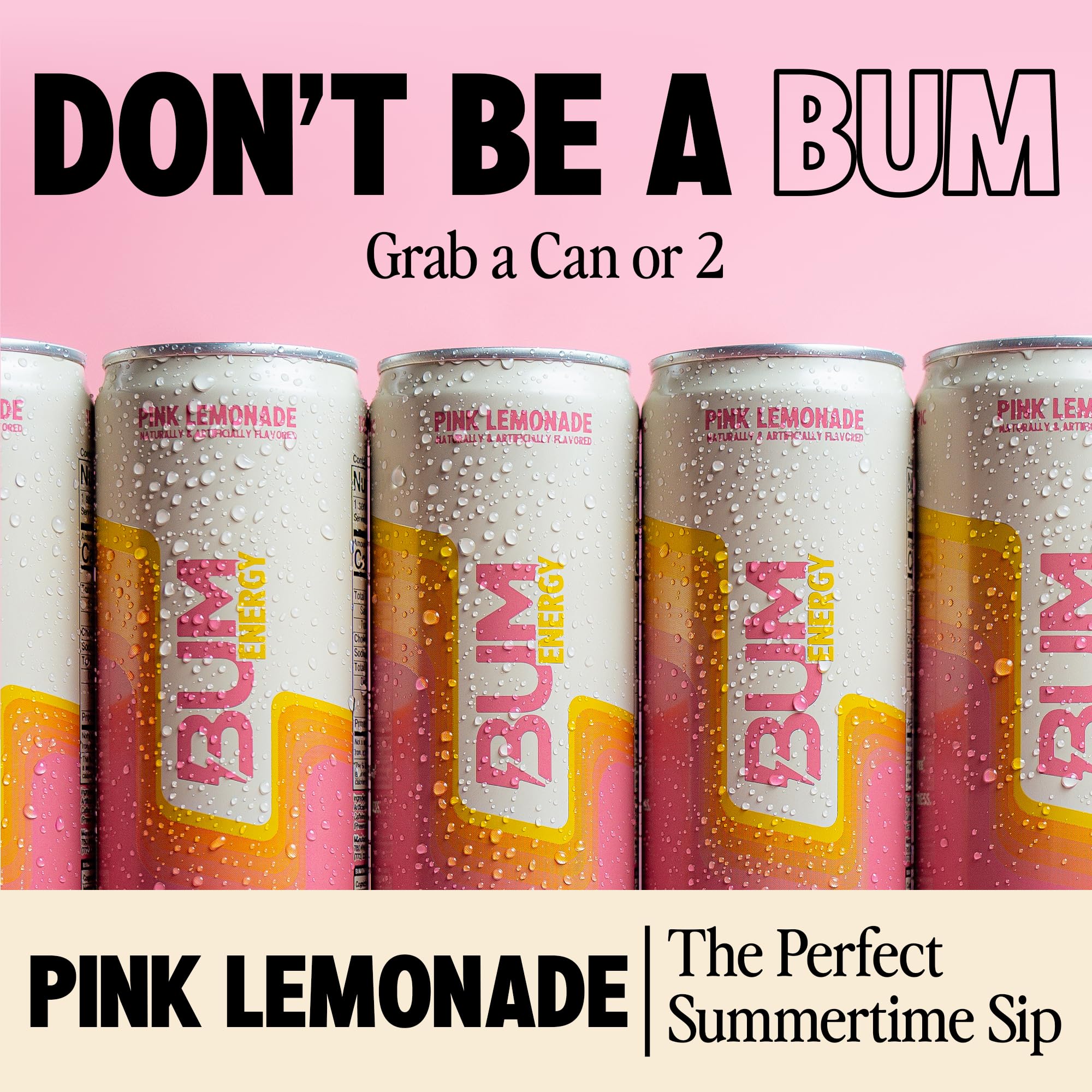 BUM Sugar-Free Energy Drink, Pink Lemonade - Lightly Carbonated & No Artificial Colors, Natural Caffeine & Citicoline for Energy & Focus, Brain Boost