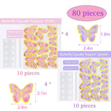 80Pcs Butterfly Cake Toppers Set Happy Birthday 3D Mixed Color Pink Purple Cupcake Picks Butterfly Cupcake Topper with Dot Glue Decorations