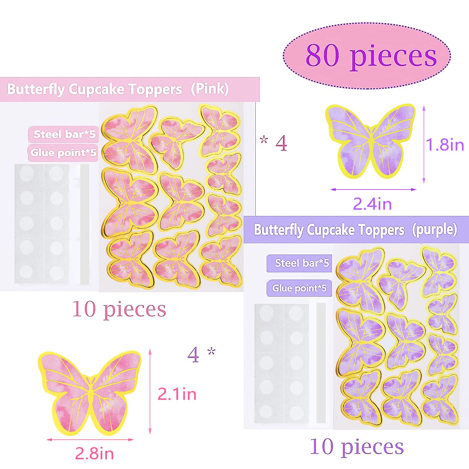 80Pcs Butterfly Cake Toppers Set Happy Birthday 3D Mixed Color Pink Purple Cupcake Picks Butterfly Cupcake Topper with Dot Glue Decorations