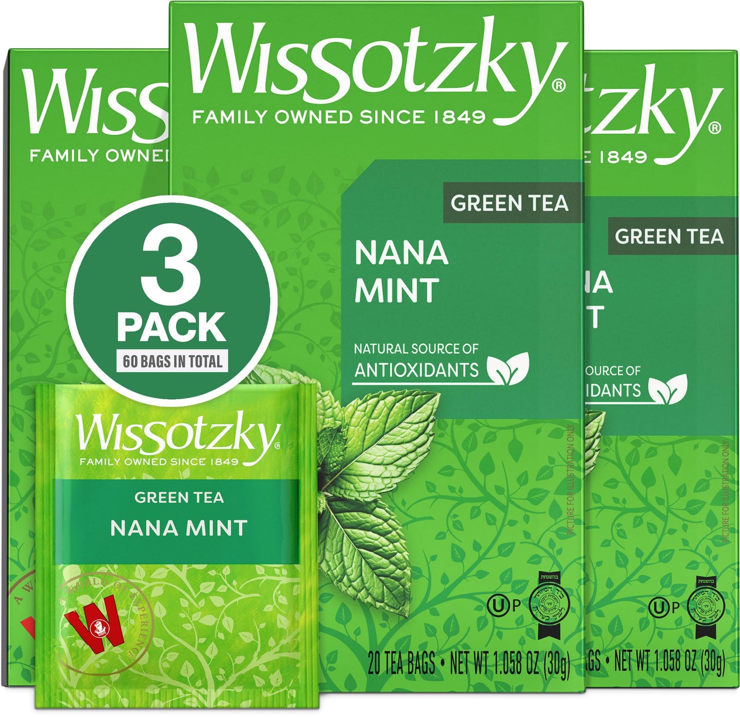 Wissotzky Nana Mint Green Tea (3 Pack - 60 Tea Bags) | Antioxidant Rich | Moroccan Mint Tea Bags | Revitalizing Nana Tea