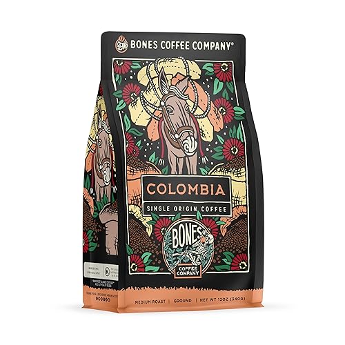 Bones Coffee Company Colombia Single-Origin Coffee, Almonds, Dried Fruit, Vanilla Notes, Flavored Ground Coffee, Medium Roast Low Acid Arabica Beans
