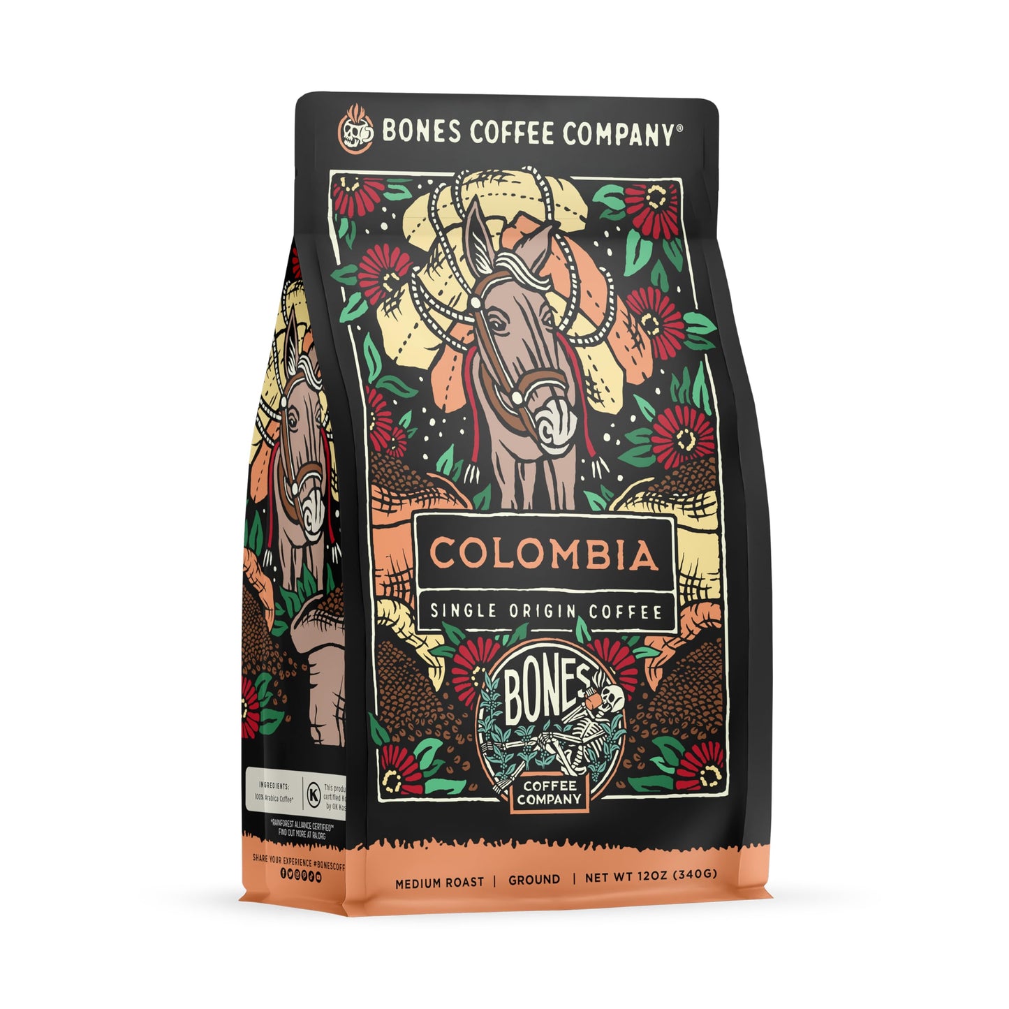 Bones Coffee Company Colombia Single-Origin Coffee, Almonds, Dried Fruit, Vanilla Notes, Flavored Ground Coffee, Medium Roast Low Acid Arabica Beans