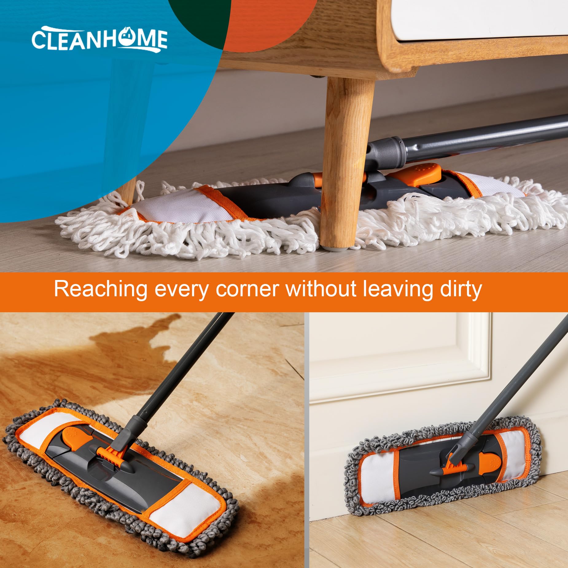 CLEANHOME Mops for Floor Cleaning with 3 Different Washable Pads and Extendable 55” Long Handle, Multifunction Dust Mop for Hardwood,Marble,Tile Floor