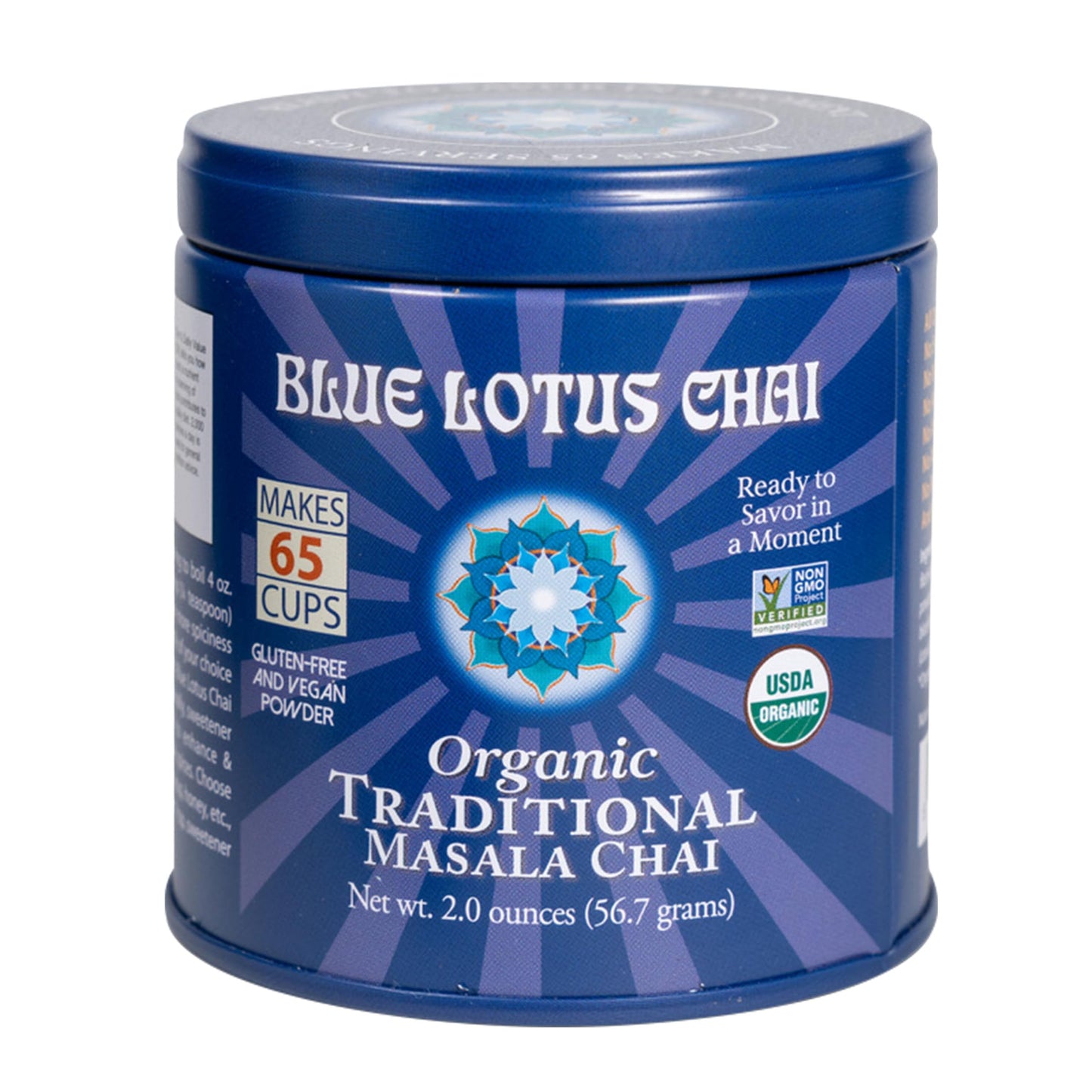 Blue Lotus Chai Tea - Fully Organic Traditional Masala Chai - Makes 65 Cups - 2 Ounce Masala Spiced Chai Powder with Organic Spices - Instant Indian
