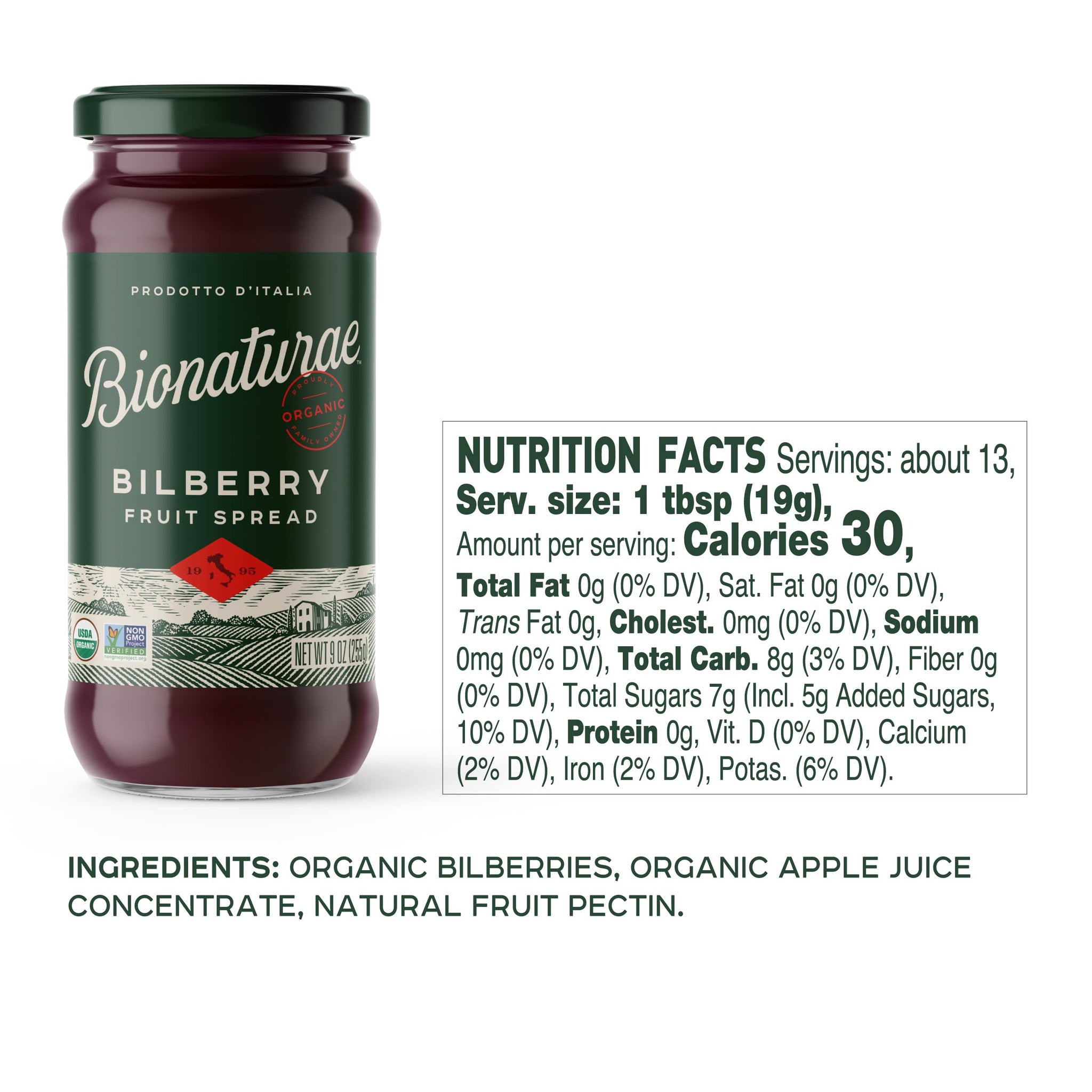 Bionaturae Organic Bilberry Fruit Spread - Jelly Organic, Non-GMO, USDA Certified, No Sugar Added, No Preservatives, Organic Fruit Jam, Jam Organic