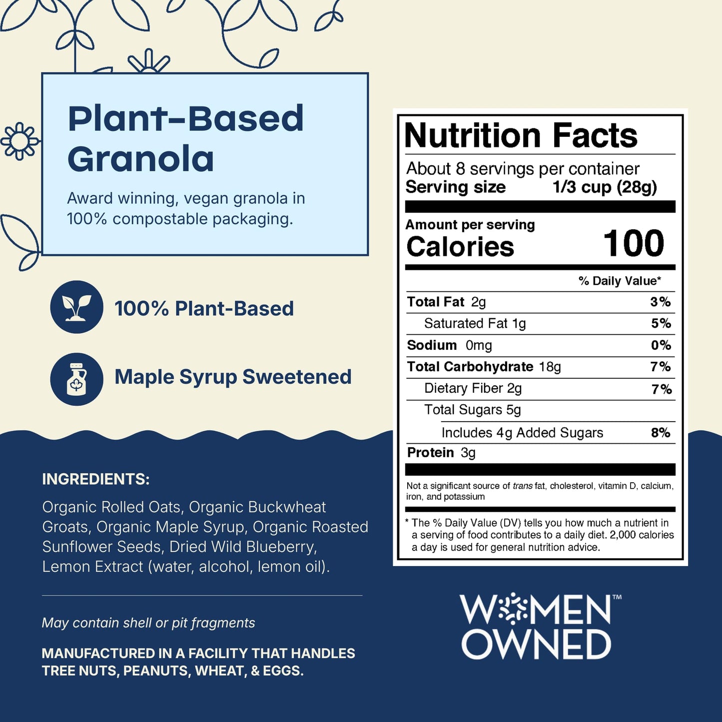 Rooted Living Blueberry Lemon Granola, 8 Oz, Organic Rolled Oats and Sweetened with Maple Syrup, Healthy Vegan Snack, Topping, or Breakfast, Plant