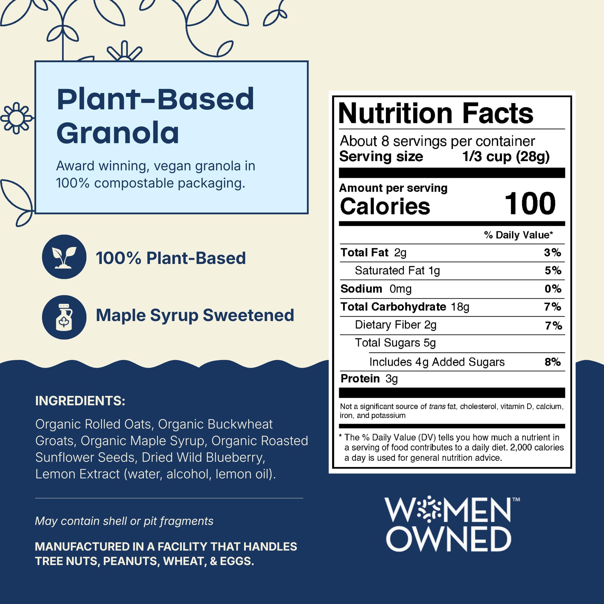 Rooted Living Blueberry Lemon Granola, 8 Oz, Organic Rolled Oats and Sweetened with Maple Syrup, Healthy Vegan Snack, Topping, or Breakfast, Plant
