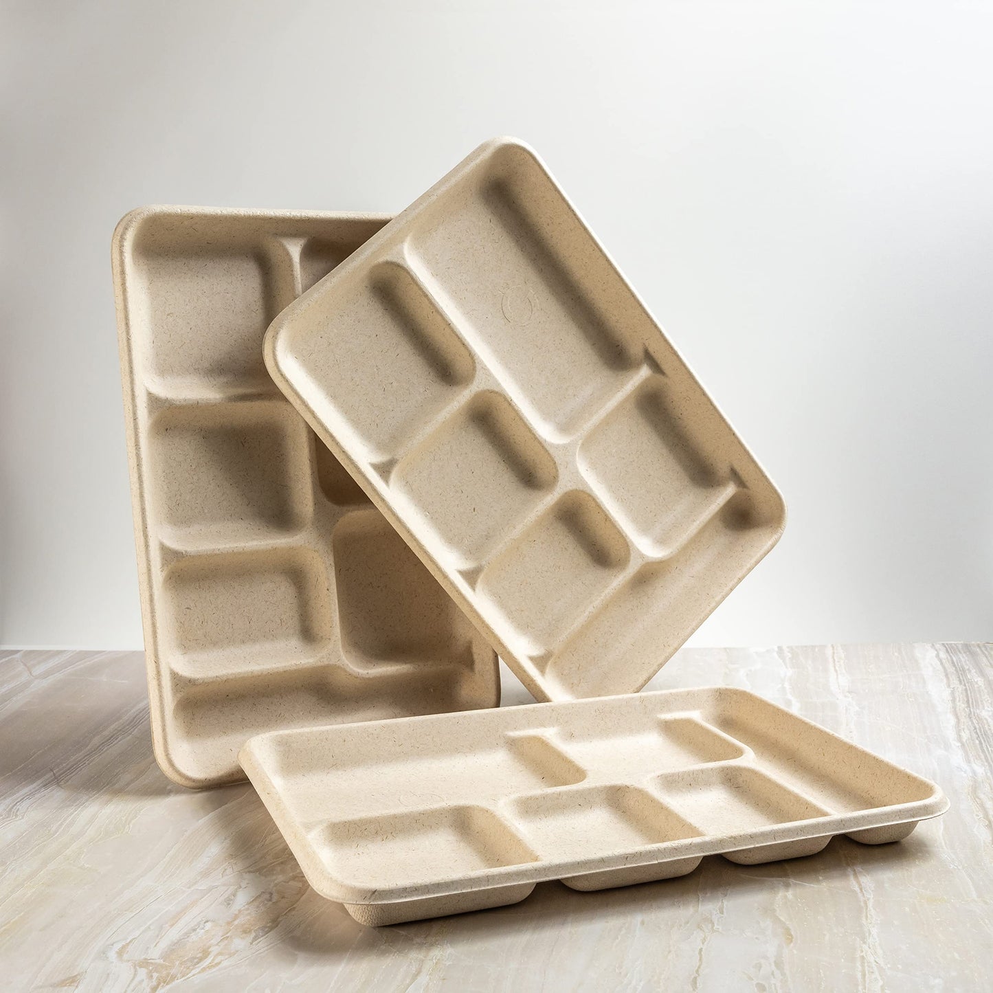 [Pack of 125] Green Wave OV-T026 8.6"x12.5" 6-compartment school lunch Tray |Heavy Duty Marble Look | 100% Compostable | Disposable Eco-friendly |