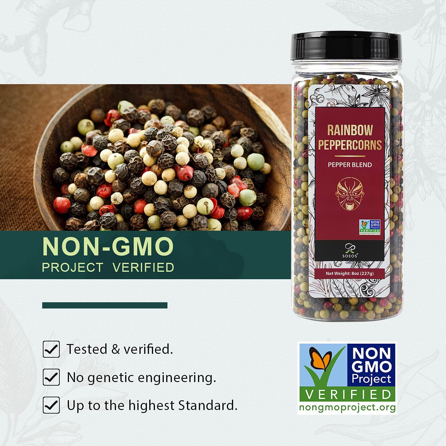 Soeos Rainbow Peppercorns, 8oz (Pack of 1), Non-GMO, Kosher, Packed to Keep Peppers Fresh, Peppercorn for Grinder Refill, Whole Peppercorns