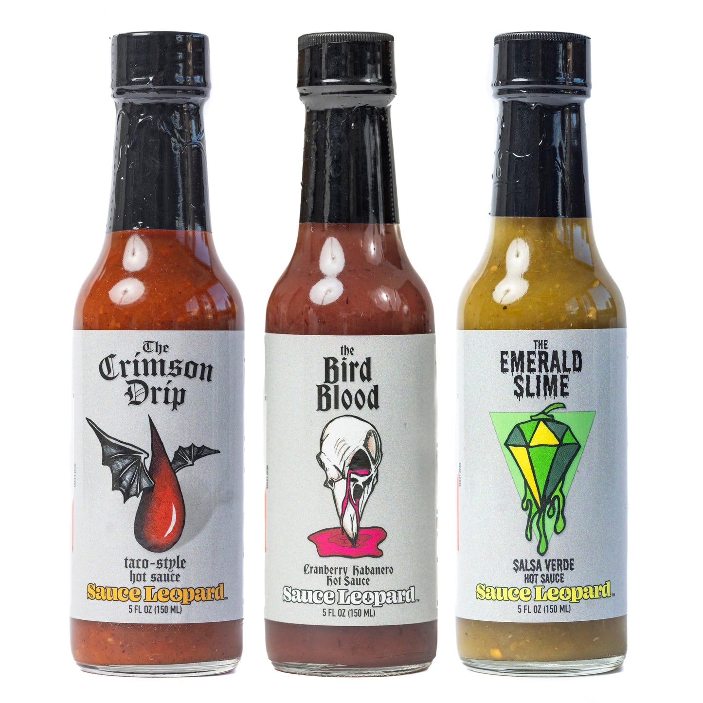Sauce Leopard Mild and Medium Hot Sauce Variety 3-Pack - The Crimson Drip, Bird Blood, The Emerald Slime - Small Batch Gift Set, 5 Fl Oz Each