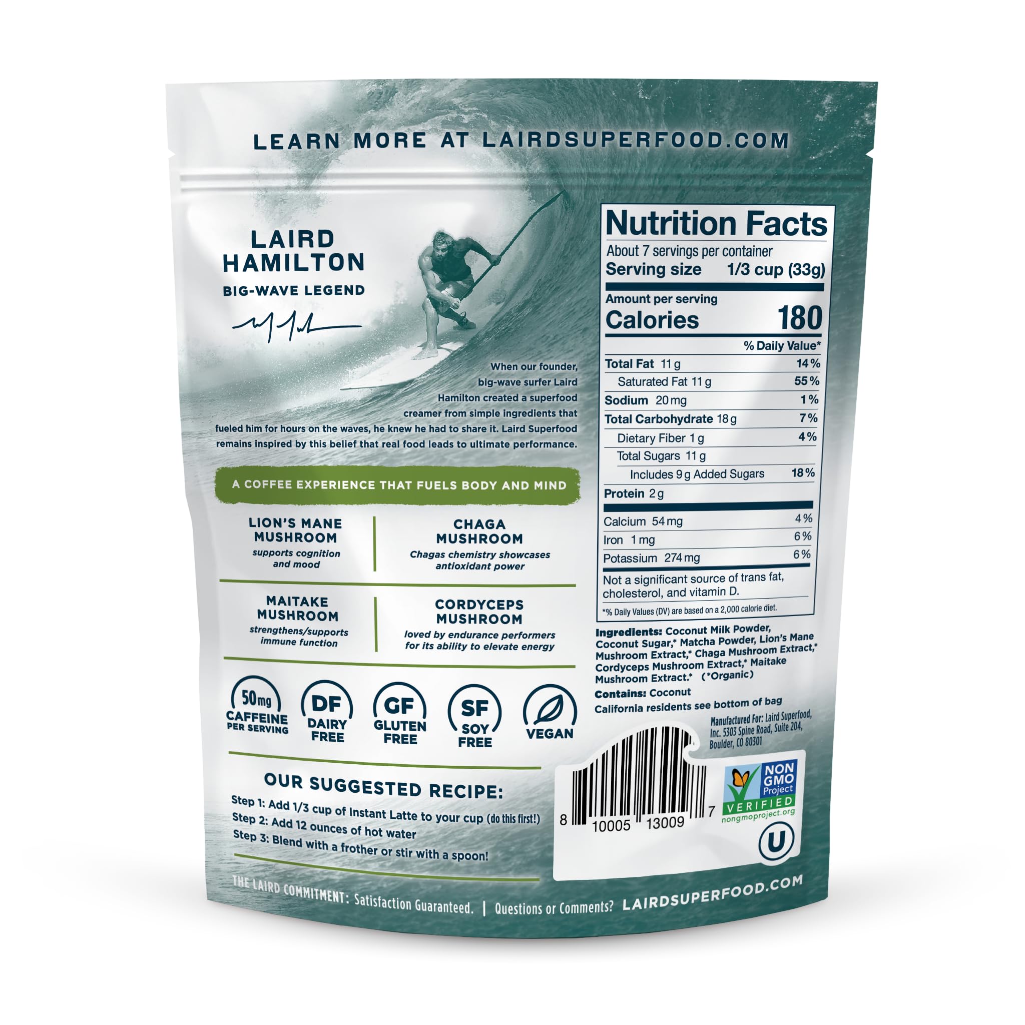 Laird Superfood Matcha Instant Latte with Adaptogens - Matcha Latte Green Tea Powder Packed with Antioxidants and Superfood Coconut Creamer - Gluten