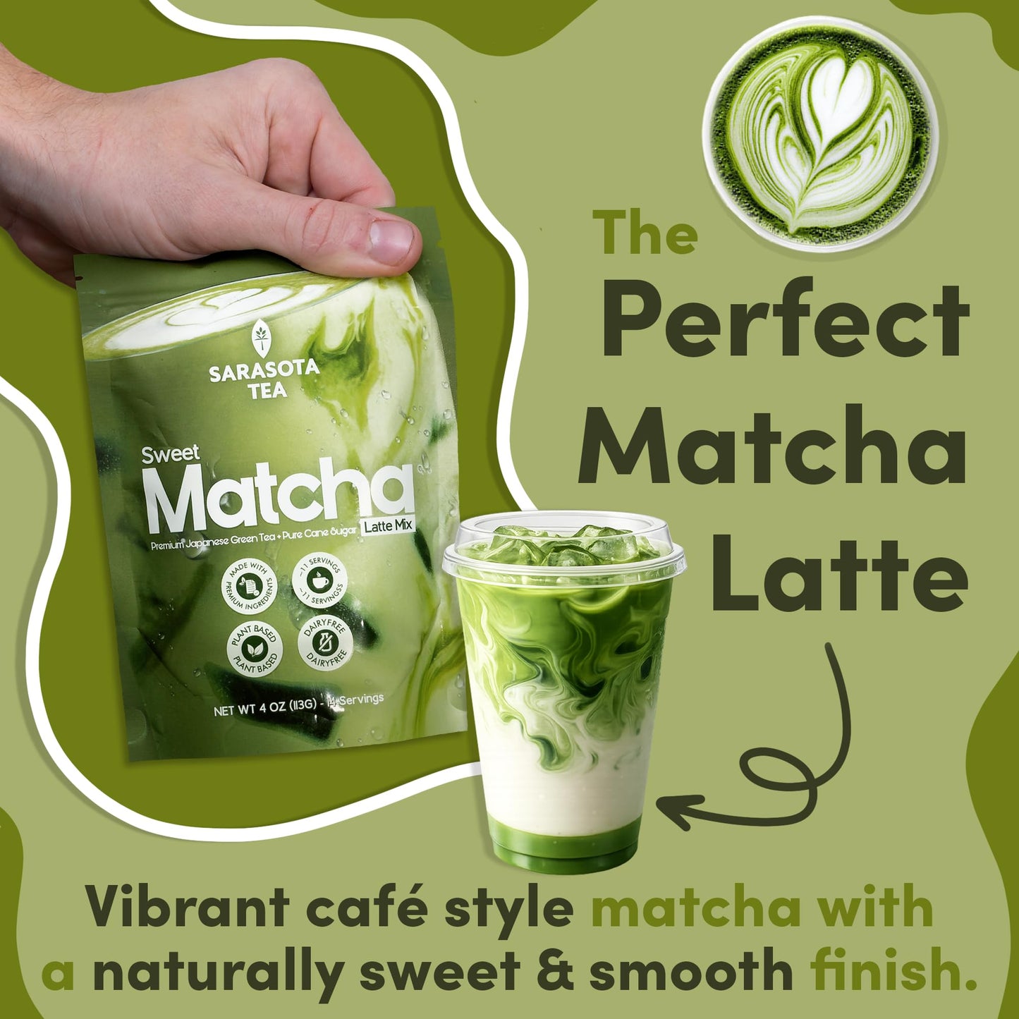 Sweetened Matcha Latte Mix, 4 oz, Matcha Green Tea Powder with Cane Sugar, Hot or Iced Matcha Latte Drink Mix, Resealable Bag