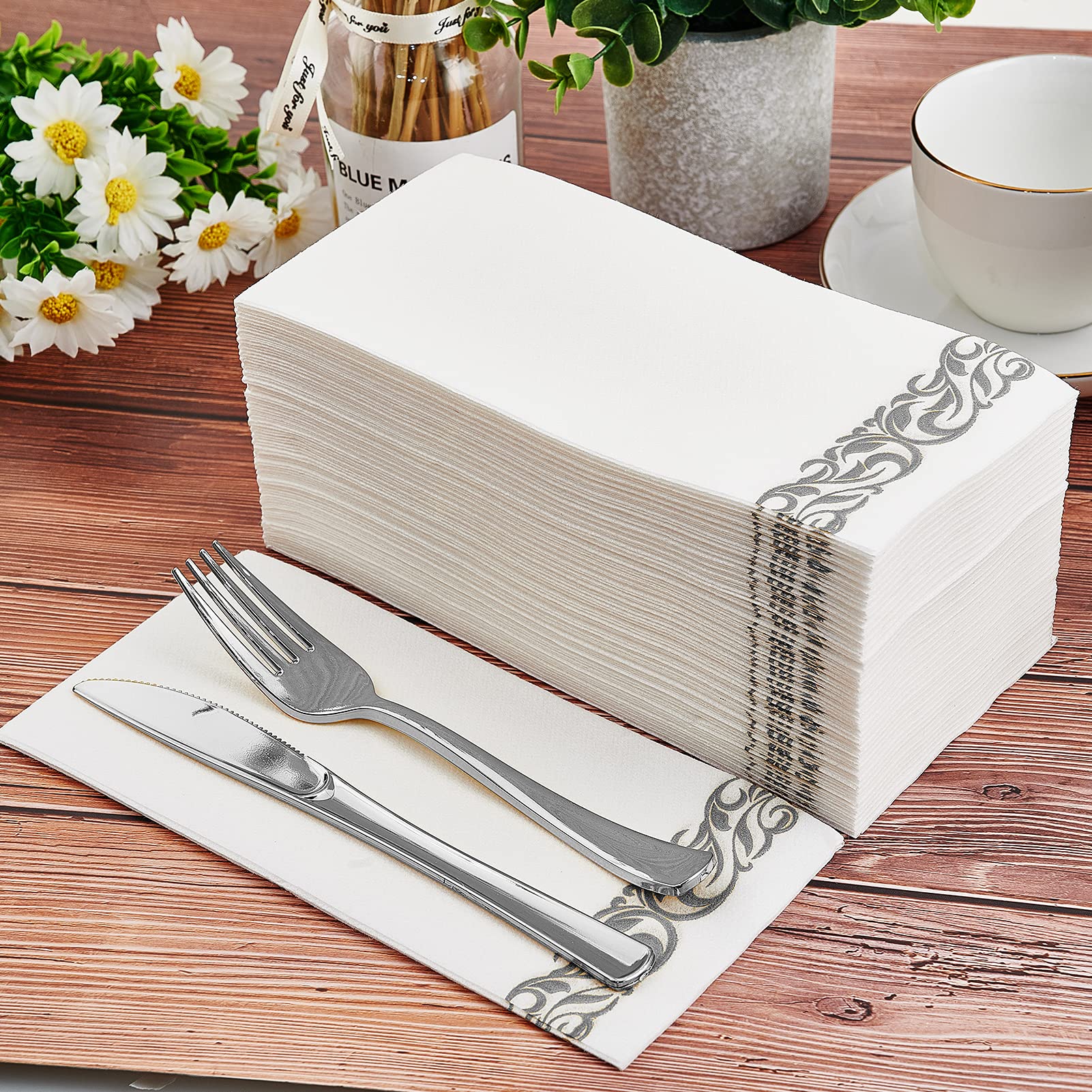 200 Pack Guest Towels Disposable Bathroom, Soft and Linen Feel Disposable Hand Towels, Decorative Bathroom Napkins for Party,Dinners, Wedding, Silver