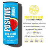 Positive Energy Beverage | Melon Mania | 12-oz Can, Pack of 12 | Zero Sugar Energy Drink, Supports Immunity and Hydration