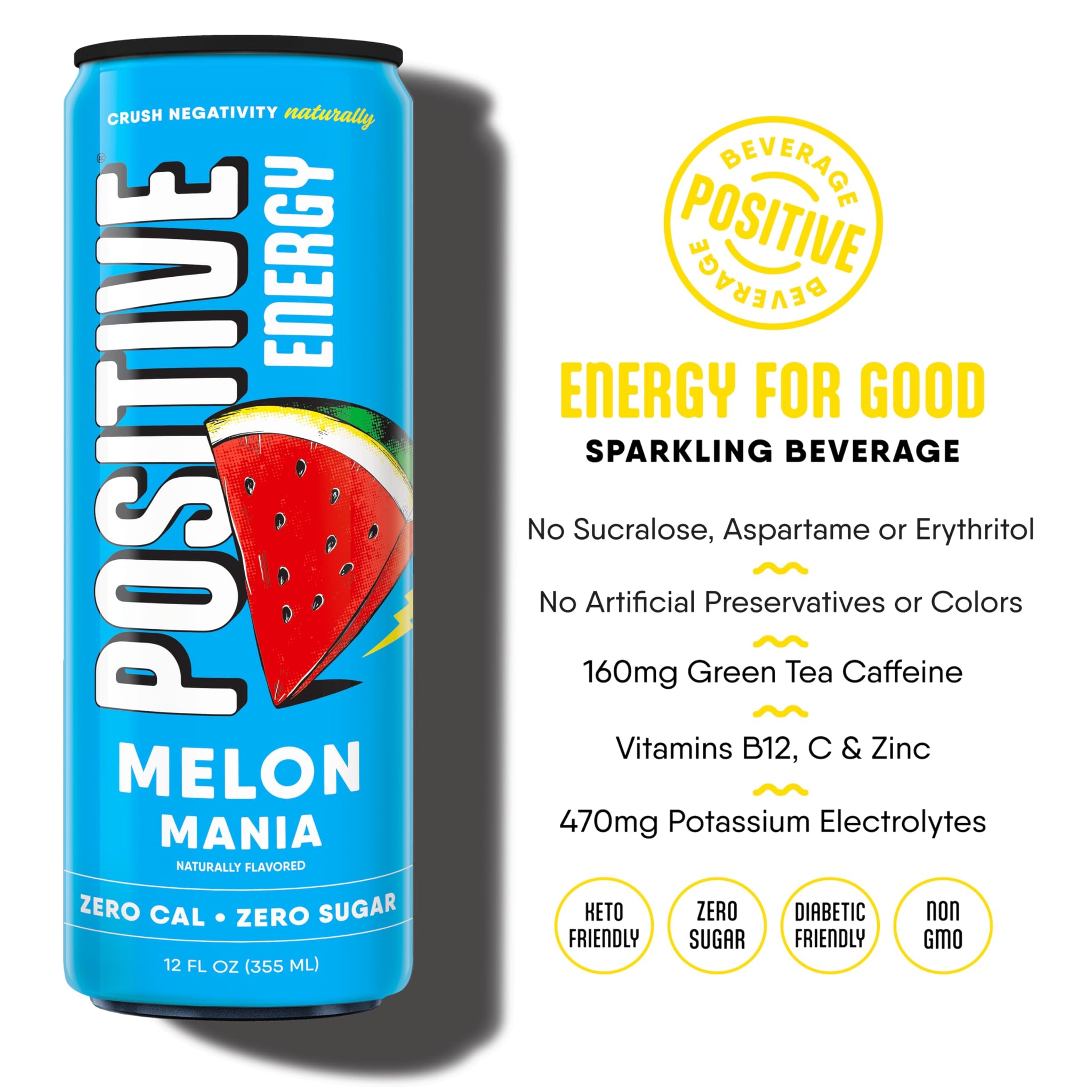 Positive Energy Beverage | Melon Mania | 12-oz Can, Pack of 12 | Zero Sugar Energy Drink, Supports Immunity and Hydration