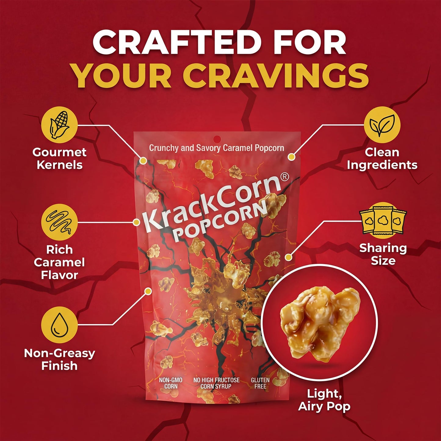 KrackCorn Caramel Popcorn, Gluten-Free, Non-GMO, Sweet and Salty Snack, No High Fructose, Guilt Free, Non Greasy Delight Ideal for Family Parties, 11
