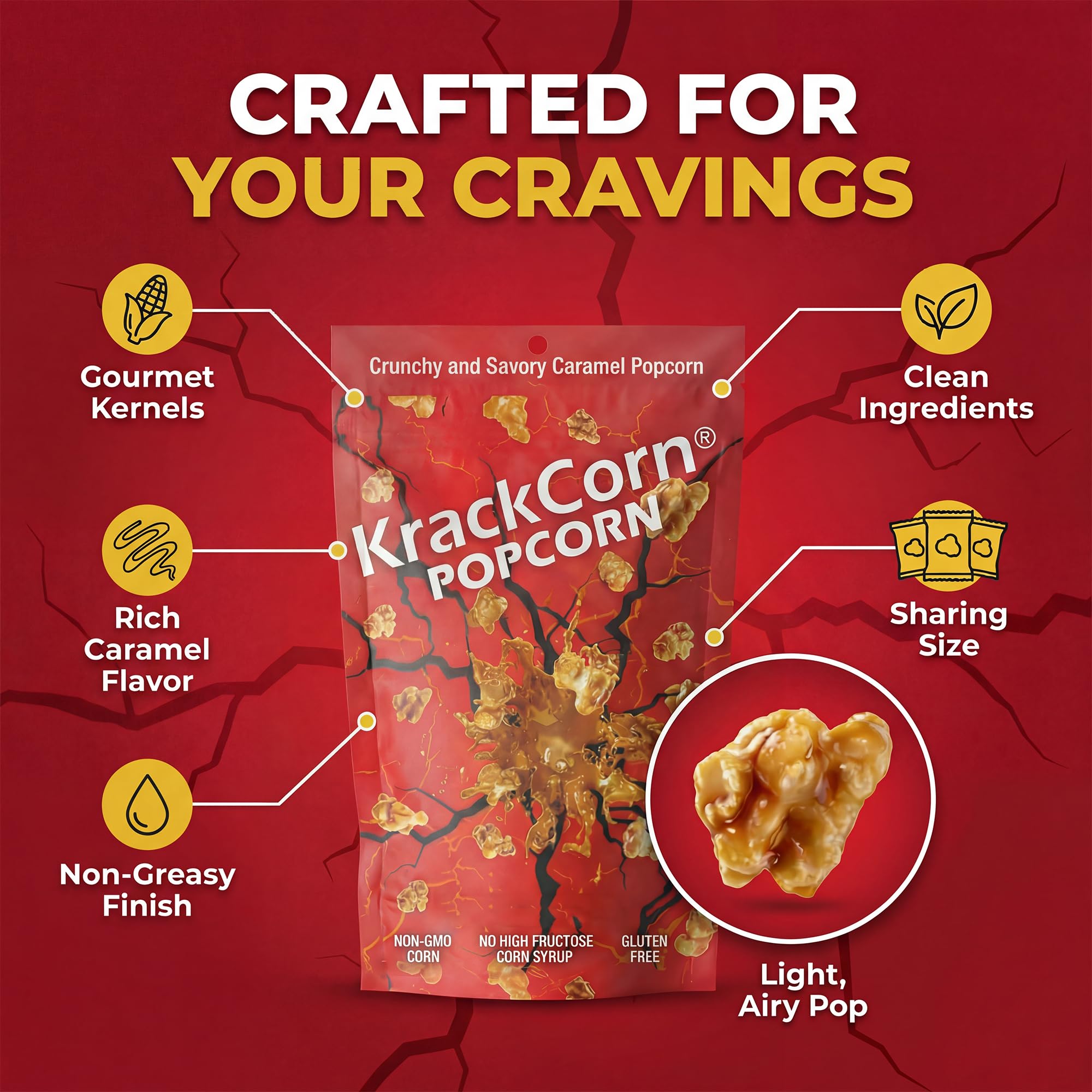 KrackCorn Caramel Popcorn, Gluten-Free, Non-GMO, Sweet and Salty Snack, No High Fructose, Guilt Free, Non Greasy Delight Ideal for Family Parties, 11