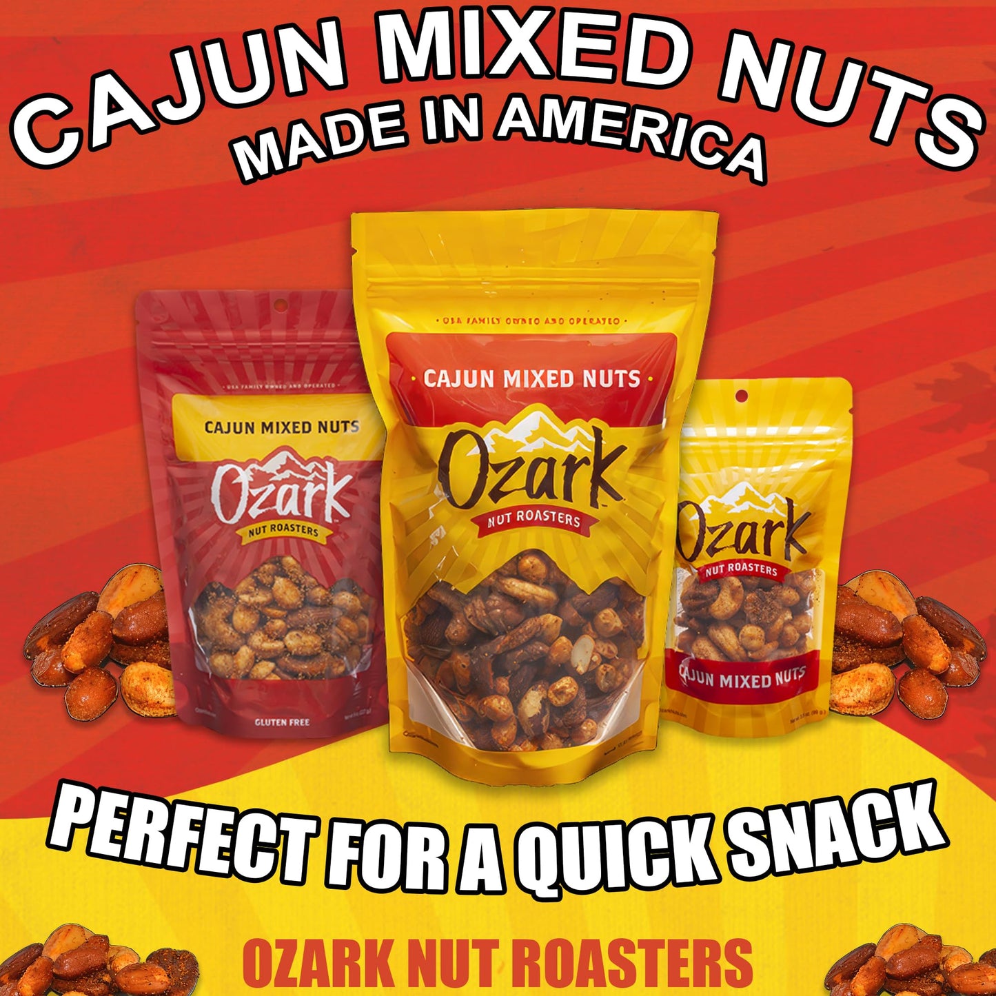 OZARK NUT ROASTERS, Cajun Mixed Nuts, Hot & Spicy Flavored Snack Nuts, Blend of Pecans, Peanuts, Cashews, Almonds & Brazilian Nuts Pack of 1 (16 oz)