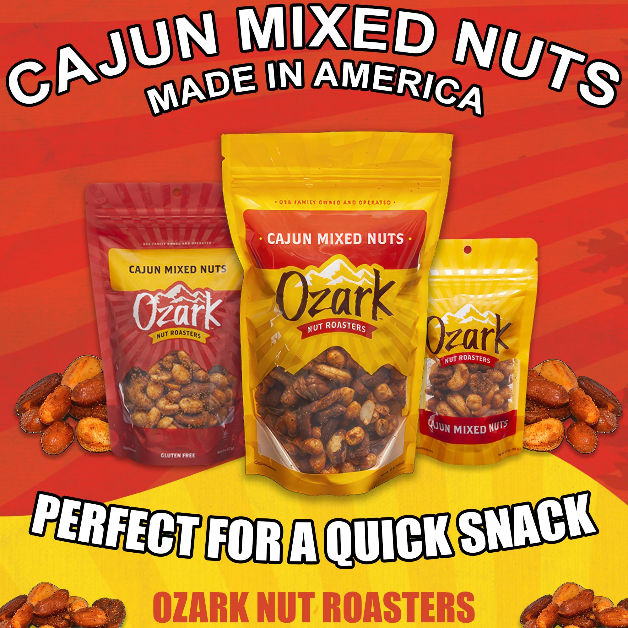 OZARK NUT ROASTERS, Cajun Mixed Nuts, Hot & Spicy Flavored Snack Nuts, Blend of Pecans, Peanuts, Cashews, Almonds & Brazilian Nuts Pack of 1 (16 oz)