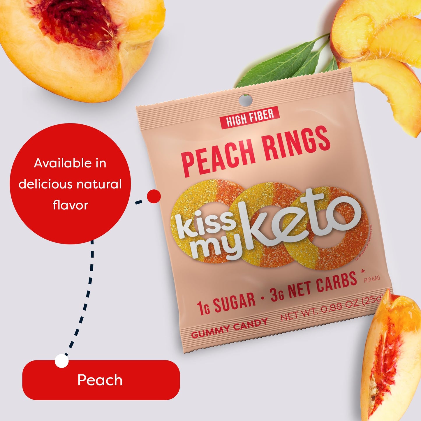Kiss My Keto Gummy PeachRingsCandy - 1g Sugar, Low Carb, High Fiber, non-GMO Peach Ring Candy - Healthy PeachGummy Rings, Bag ofPeach Rings - Peach