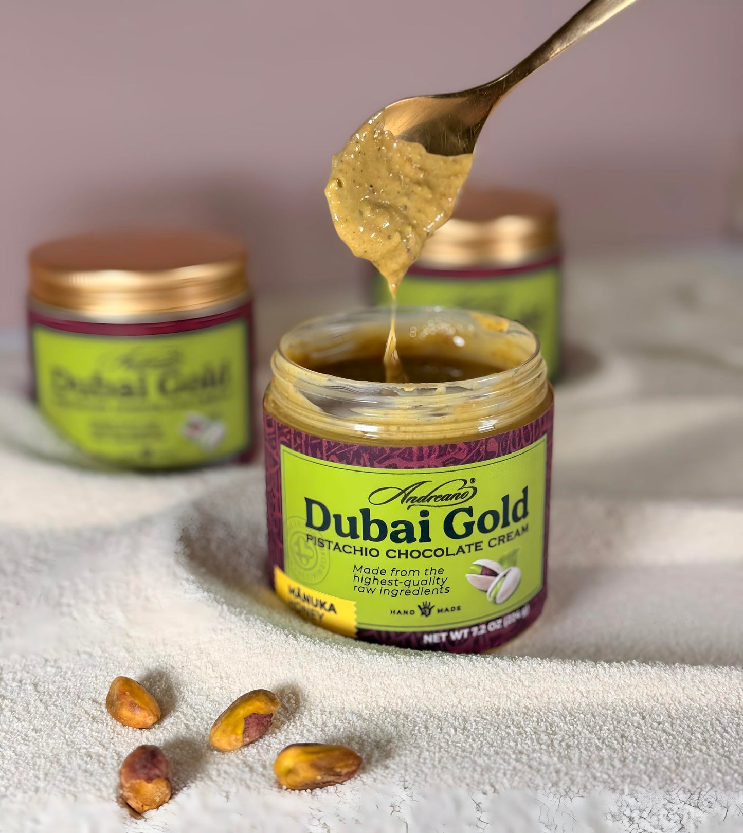 ANDREANO Dubai Gold Pistachio Chocolate Cream - with Manuka Honey & Crispy Kataifi - Gourmet Pistachio Spread - 7.2 oz (224 g) Jar