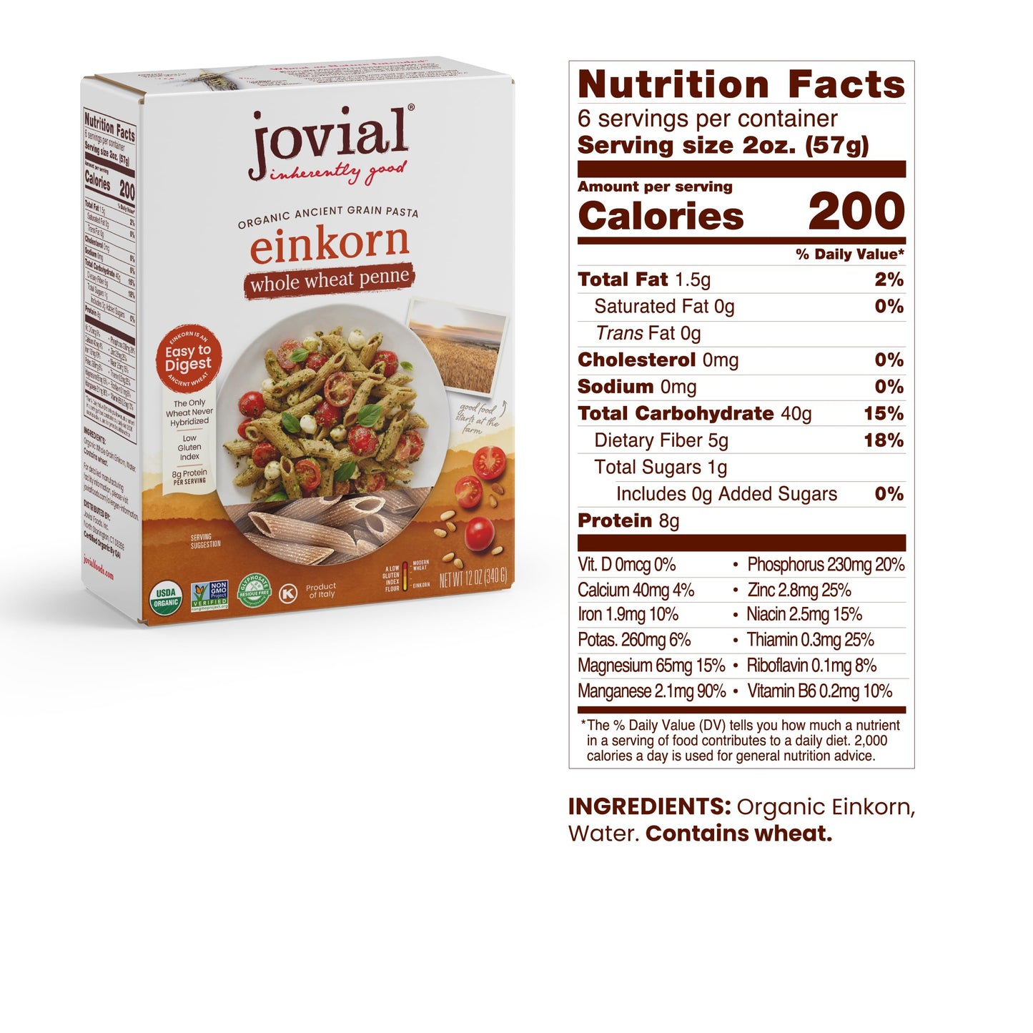 Jovial Einkorn 100% Organic Whole Wheat Penne Rigate - Einkorn Pasta, High Protein, Non-GMO, USDA Certified Organic, Lower Carb, Delicious Pasta Made