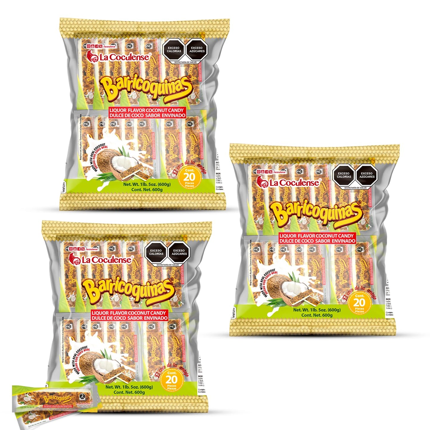 La Coculense - Barricoquinas - Natural Flavored Coconut Candies Soaked In Liquor - 3 Bags Of 20 Pieces Each