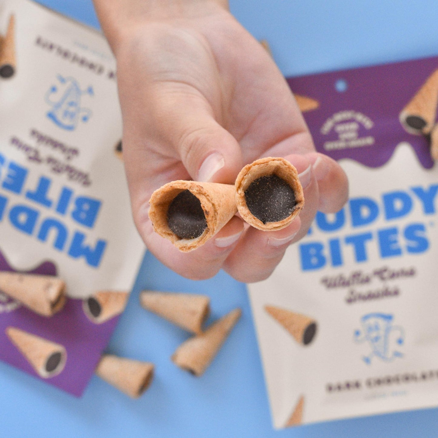 Muddy Bites - Dark Chocolate - Waffle Cone Snack Bite Sized Filled Cone Bites for Snack or Dessert Made with Cane Sugar, Kosher, Fair Trade Certified
