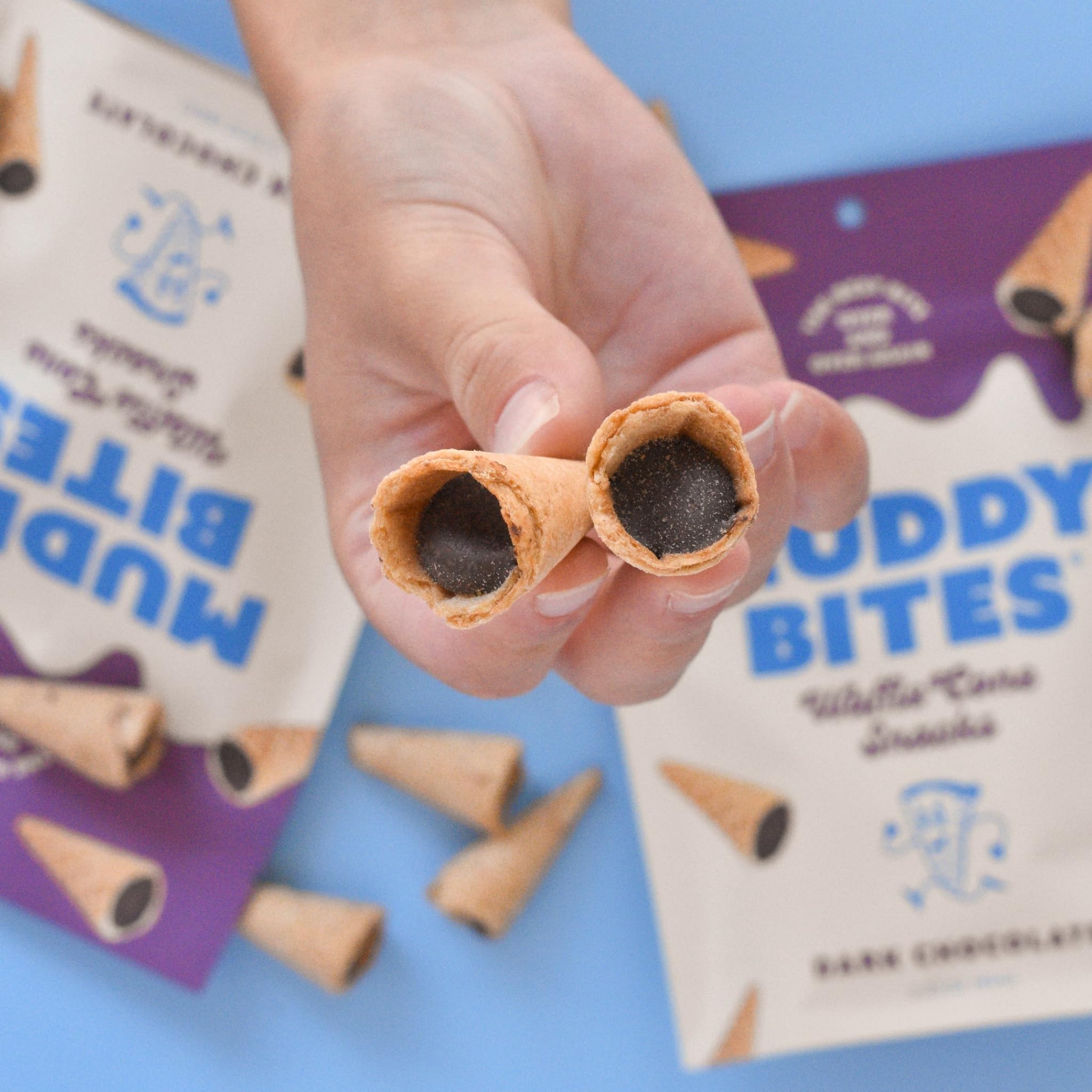 Muddy Bites - Dark Chocolate - Waffle Cone Snack Bite Sized Filled Cone Bites for Snack or Dessert Made with Cane Sugar, Kosher, Fair Trade Certified