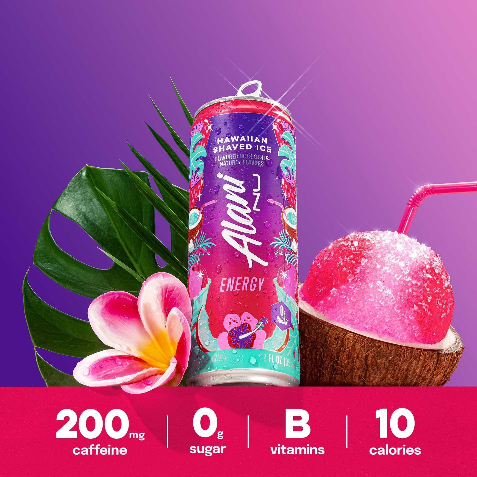 Alani Nu HAWAIIAN SHAVED ICE, Sugar Free, Low Calorie Energy Drinks, 200mg Caffeine, Biotin, B Vitamins, Zero Sugar, 10 Calories, 12 Fl Oz Cans, 12