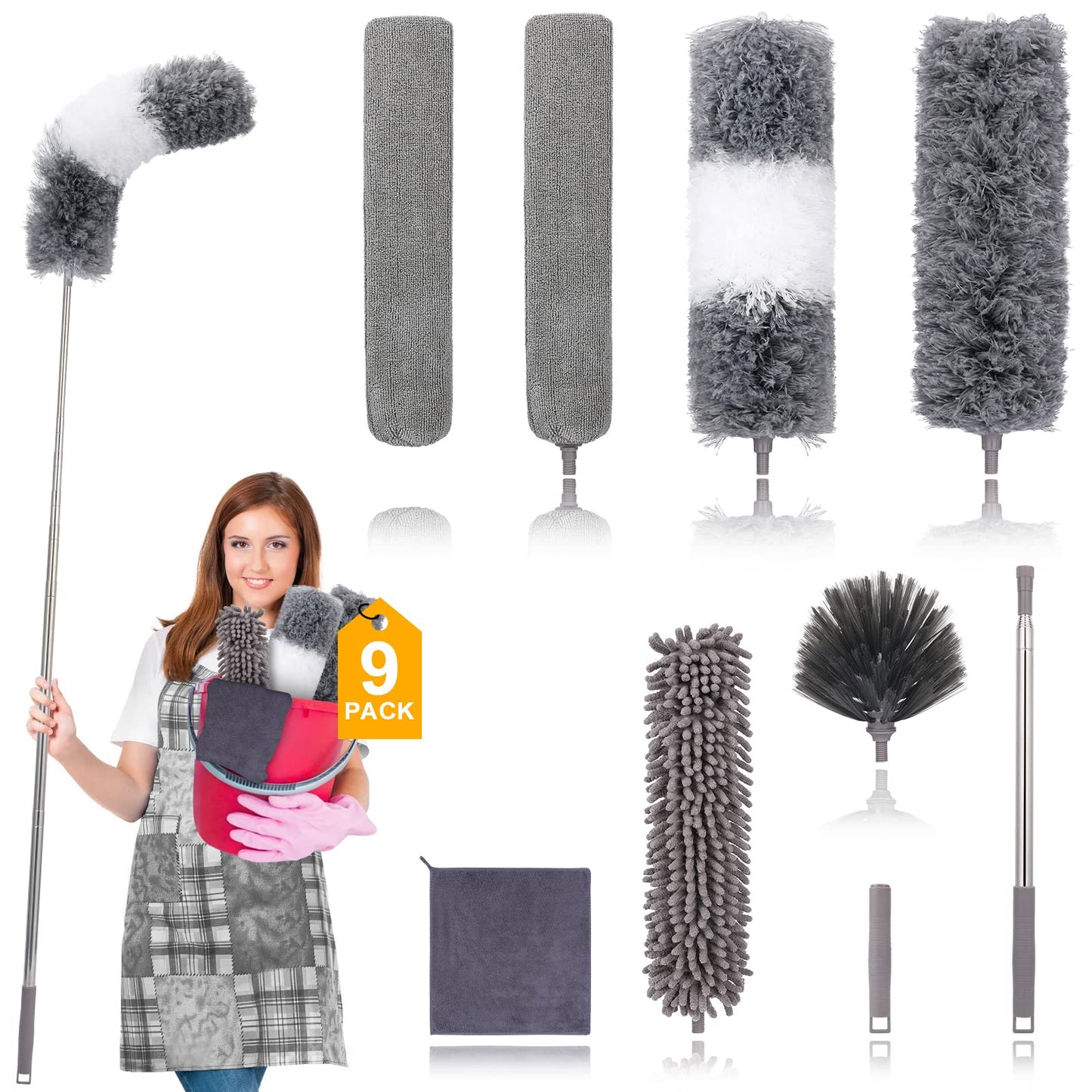 DEEHYO Microfiber Duster for Cleaning Fan, High Ceiling, Blinds, Furniture, Cars , 9PCS Extendable Feather Duster (Stainless Steel) 30 to 100 Inches