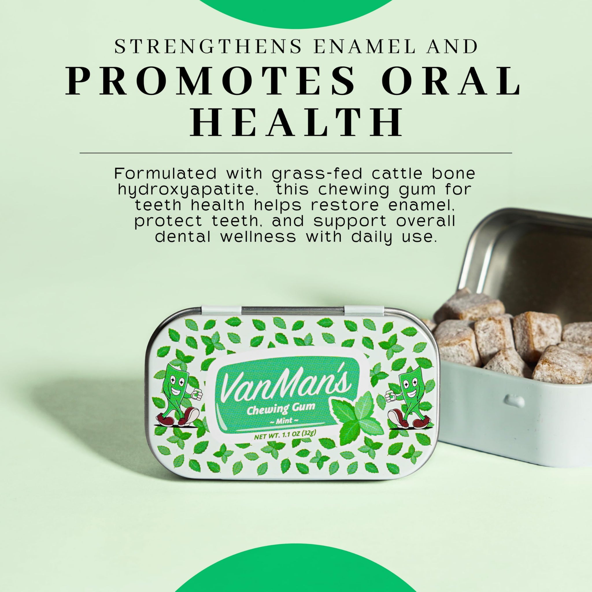 Vanman Remineralizing Chewing Gum with Grass-Fed Cattle Bone Hydroxyapatite and Organic Peppermint Extract - Sugar Free Chicle and Mastic Gum - Fresh