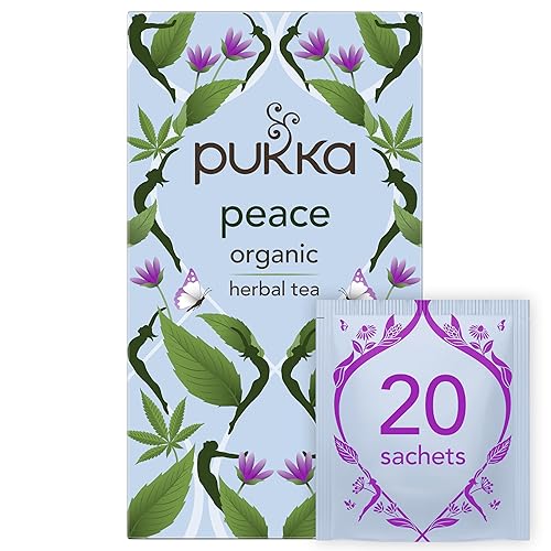 Pukka Organic Peace Herbal Tea with Spearmint, Ashwagandha, and Hemp Seed Oil, Caffeine Free, 20 Total Tea Bags