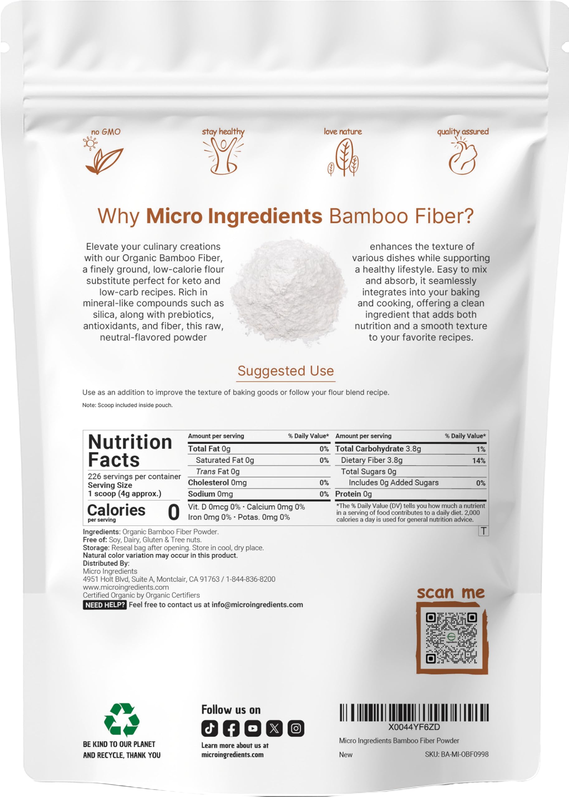 Organic Bamboo Fiber Powder, 2lbs | Keto Flour for Low-Carb Baking & Cooking | Low Calorie Flour | Rich in Silica, Prebiotics, & Minerals | Non-GMO