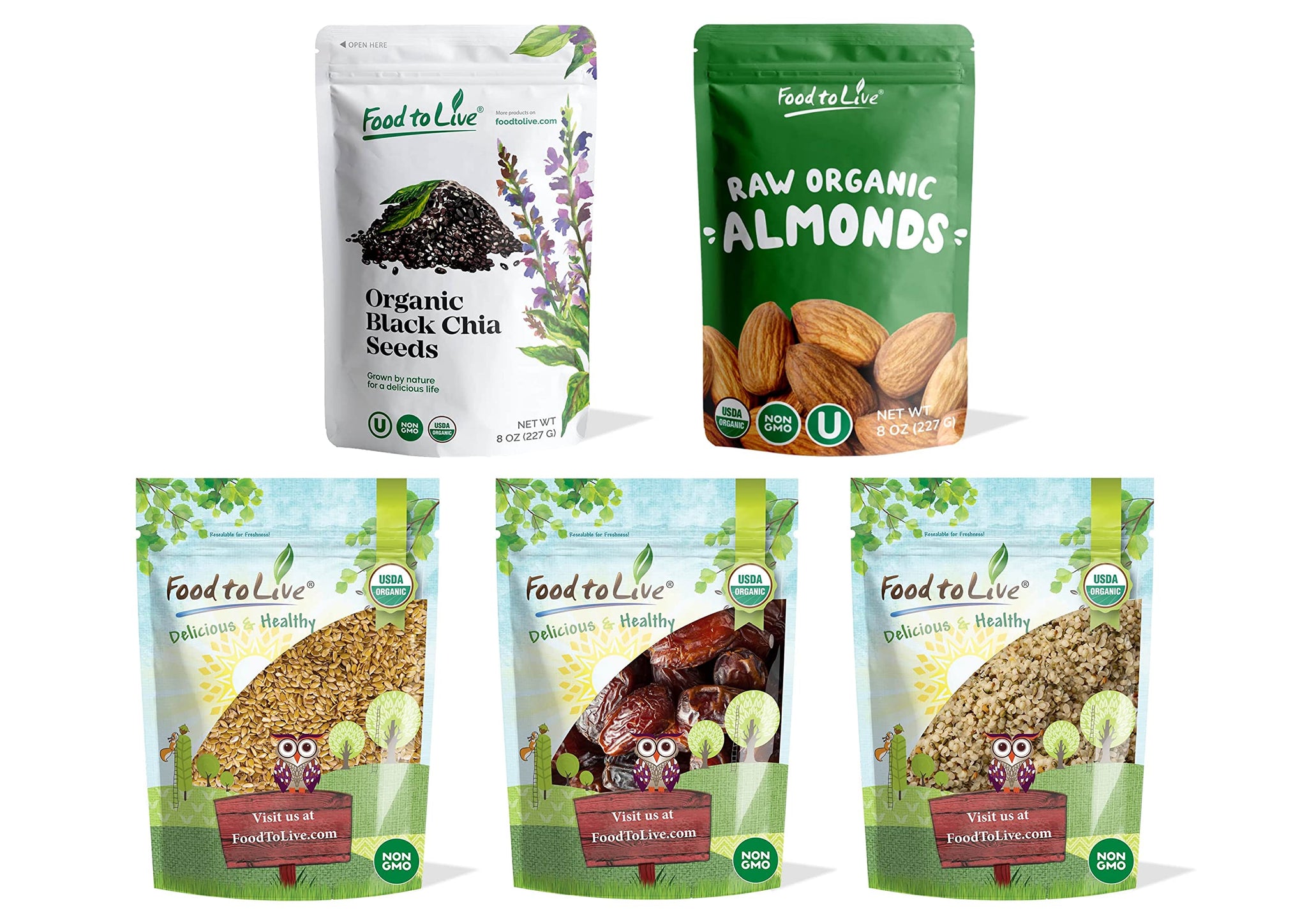 Food to Live - Organic Nuts, Seeds and Fruits in a Gift Box A Variety Pack of Almonds, Chinese Hemp Seeds, Medjool Dates, Chia Seeds and Golden Flax