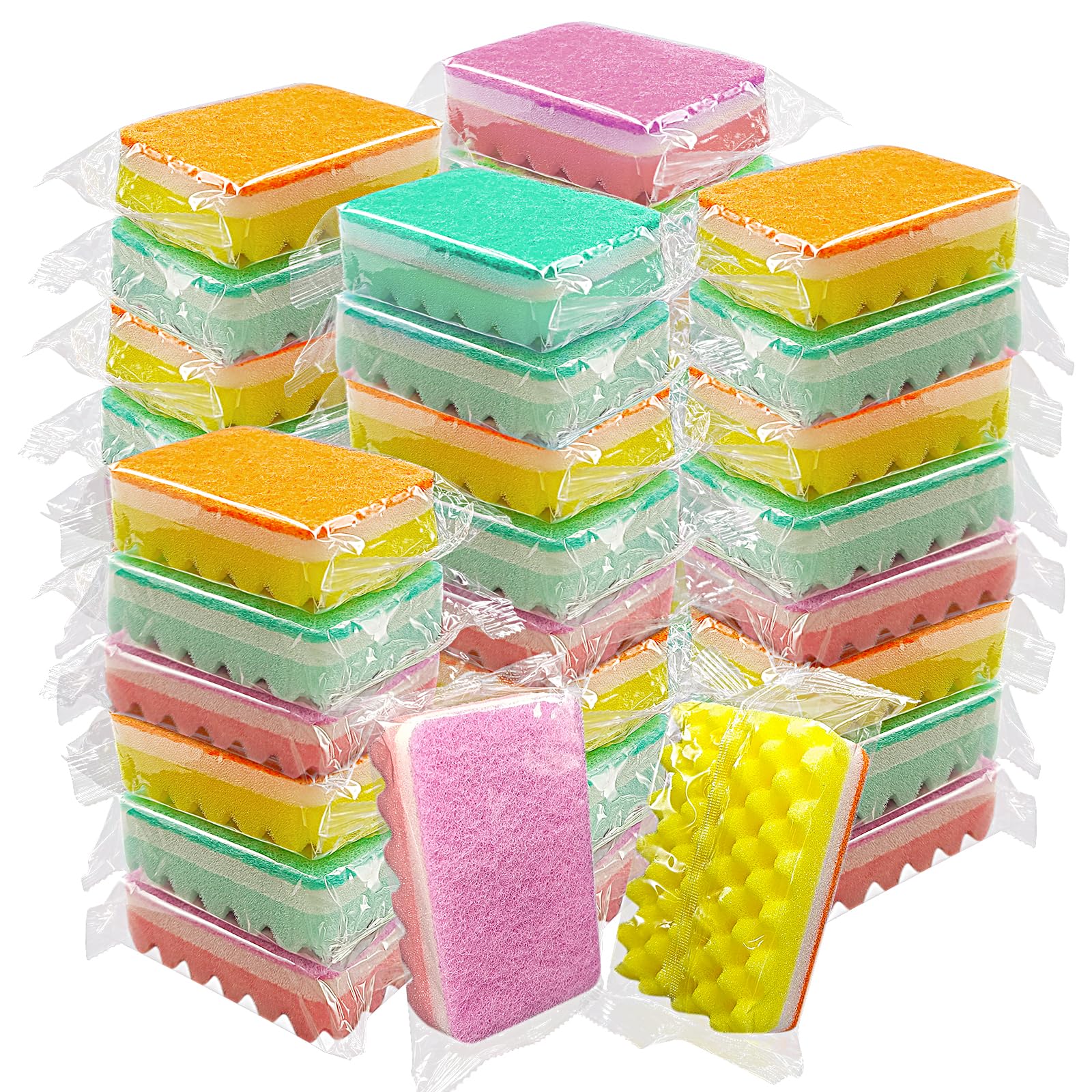 (50 Pack)Kheoxusa Individually Wrapped Sponges,Sponge Individually Wrapped,Individually Wrapped Sponge Bulk Packed Cleaning Dishes Kitchen Scrub Dish
