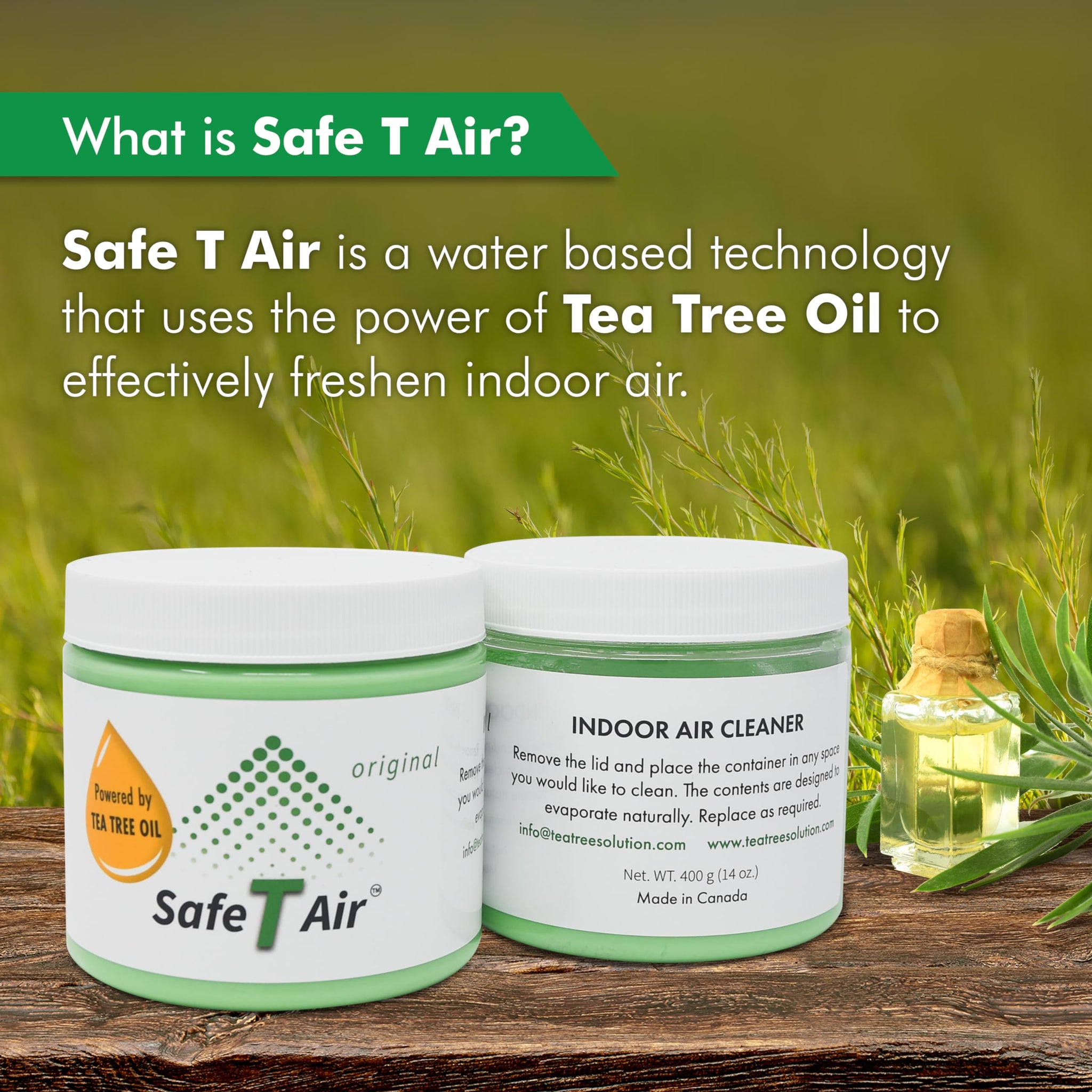 Safe T Air Tea Tree Oil Air Freshener Gel - Natural Odor Eliminator for Car, Home & Bathroom - Removes Smoke, Pet & Musty Odors - Long Lasting