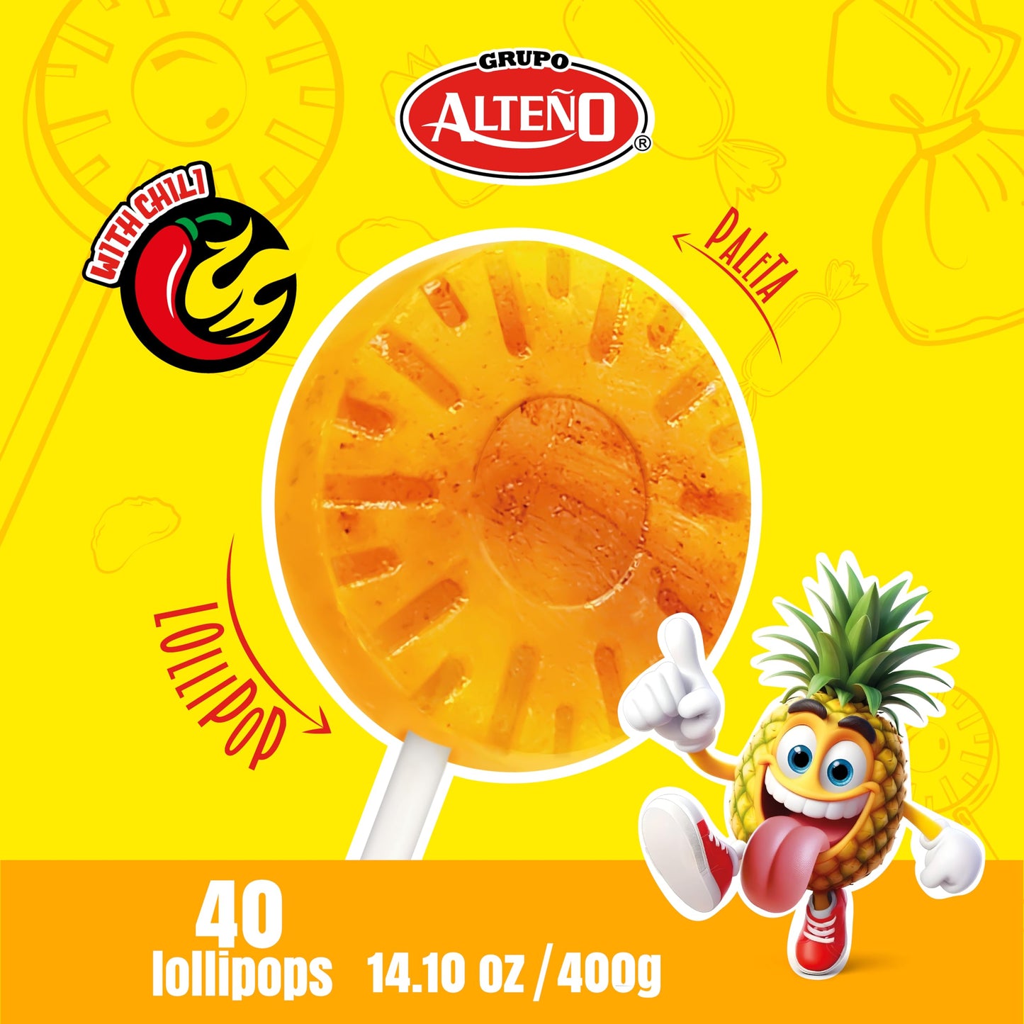 Alteño (Alteno) Super Piña Loca Pineapple Chili Lollipops, Mexican Style Spicy Hard Candy, Individually Wrapped, 40 Count