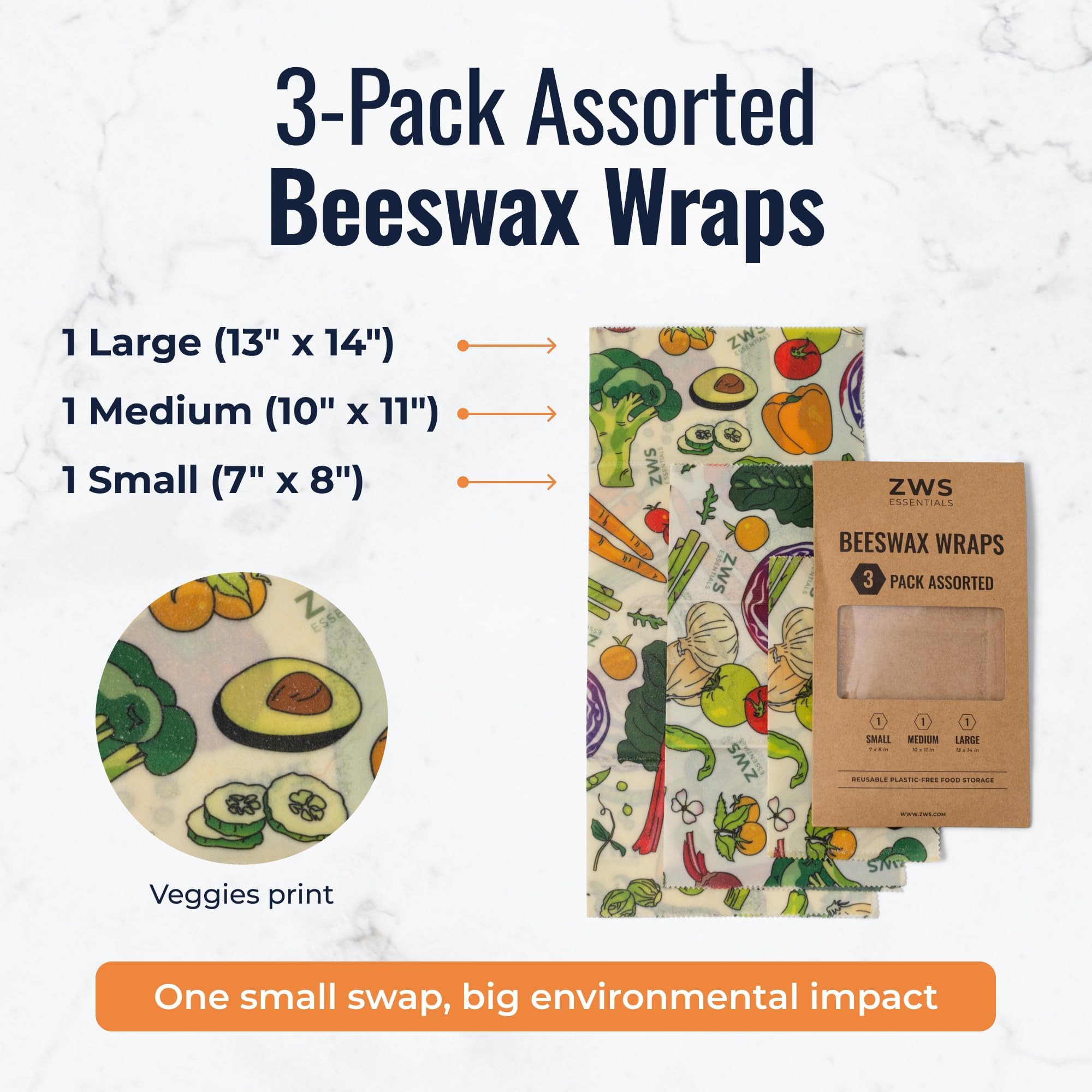 ZWS Essentials Beeswax Wraps, Reusable Cotton Food Storage Set for Kitchen, Lunch, Bread, Snacks, Bowls. Eco-Friendly Plastic-Free Alternative. 3-Pack