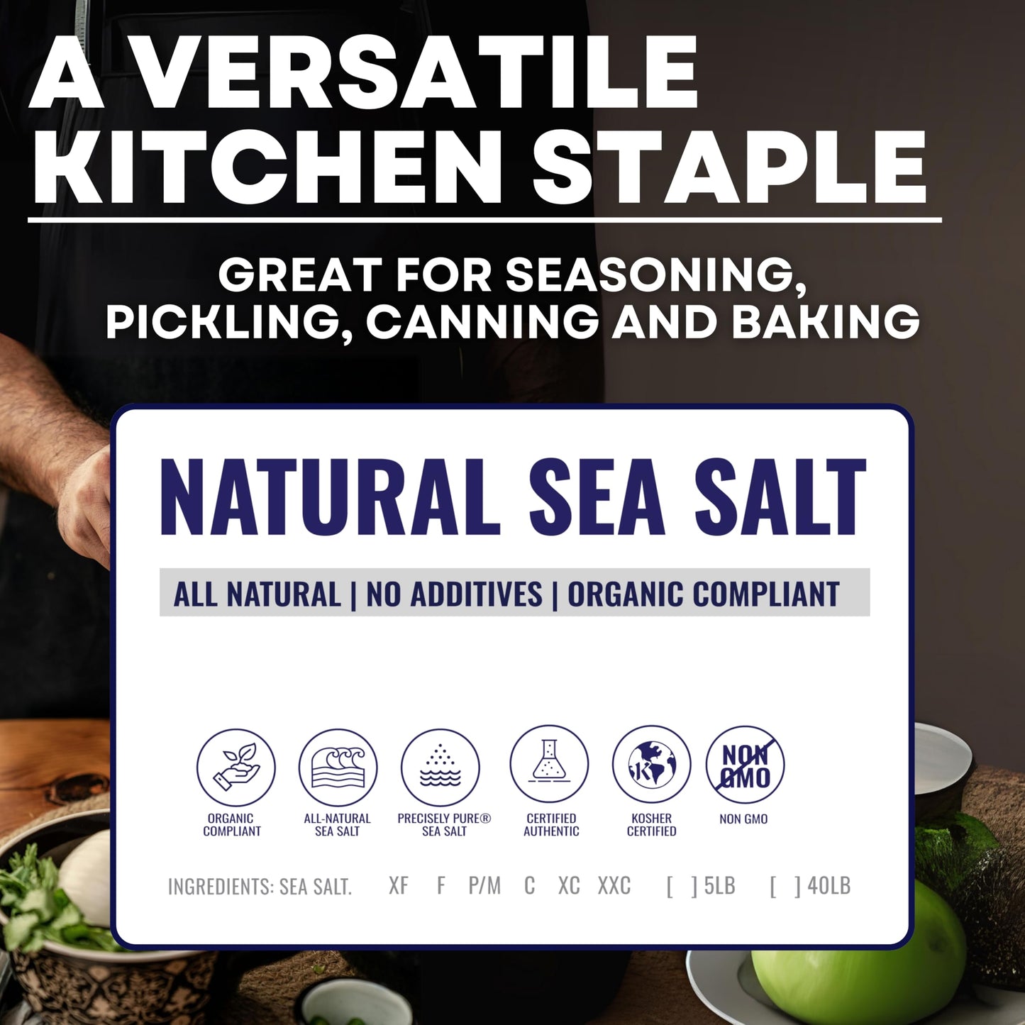 Natural Sea Salt Coarse Grain, Gluten-Free Bulk Sea Salt for Commercial Use with No Artificial Additives, 40 Pounds