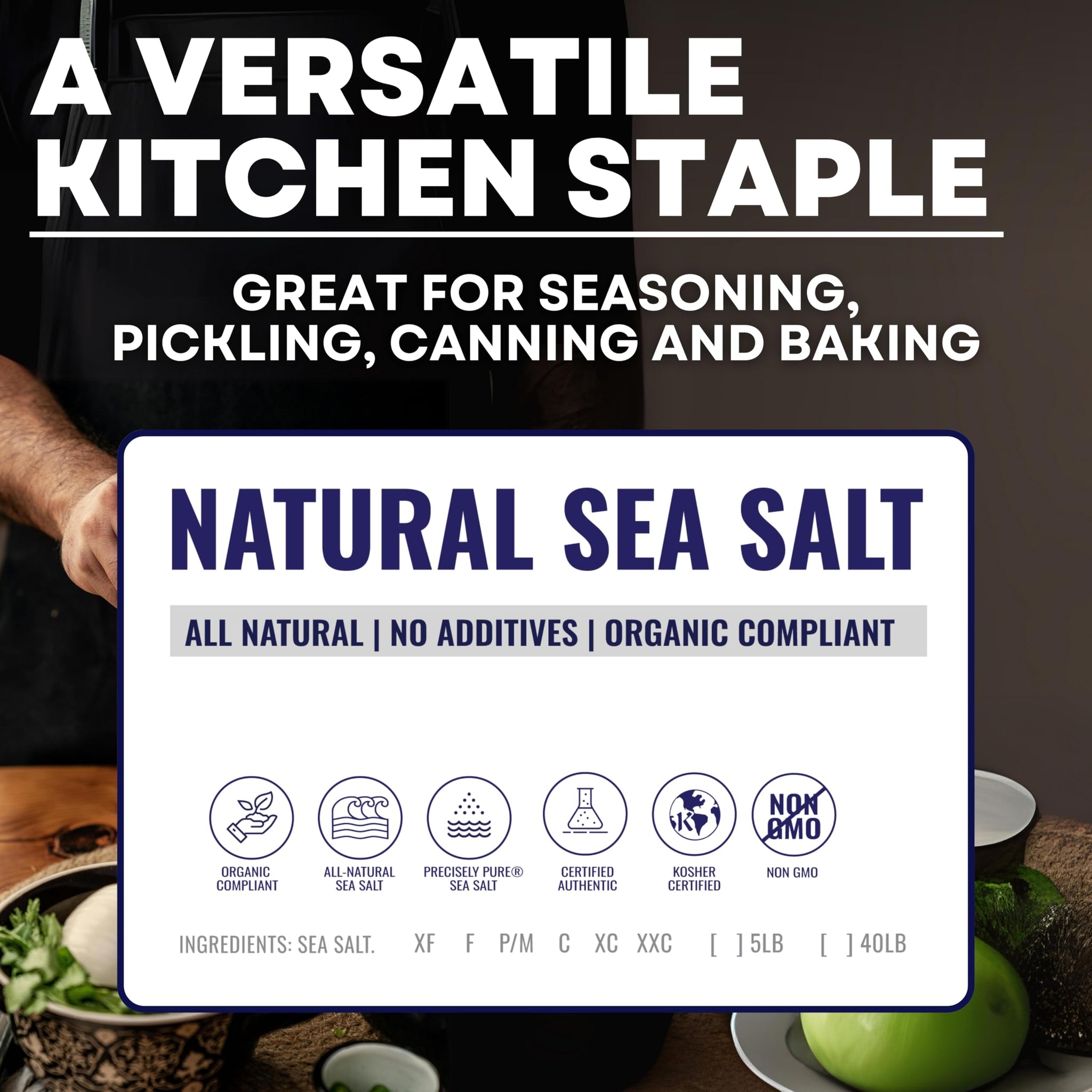 Natural Sea Salt Coarse Grain, Gluten-Free Bulk Sea Salt for Commercial Use with No Artificial Additives, 40 Pounds