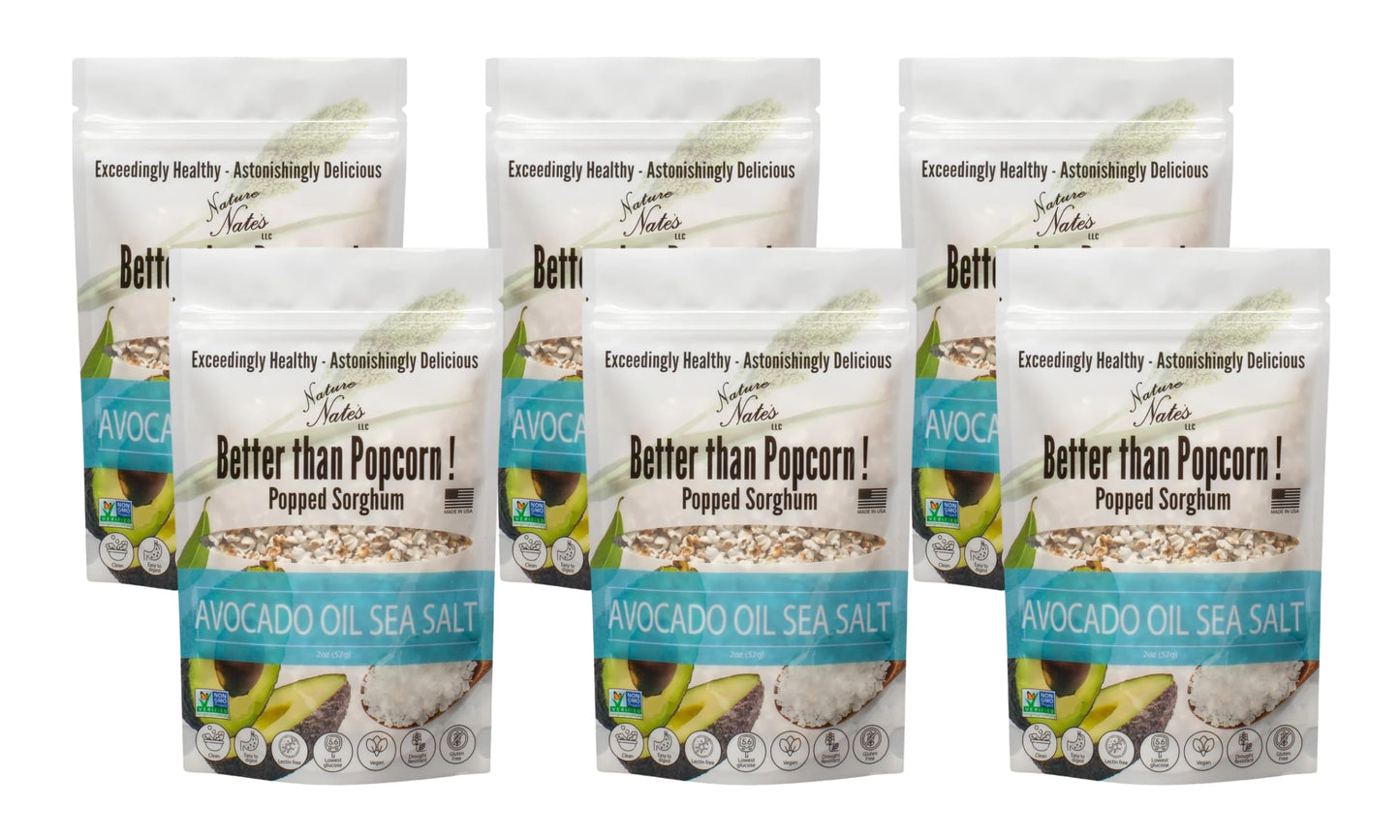 Nature Nate’s Popped Sorghum, Popcorn Alternative, Avocado Oil Sea Salt - Sorghum, Keto & Gluten Free, Healthy Snacks, Better Than Popcorn, Made in